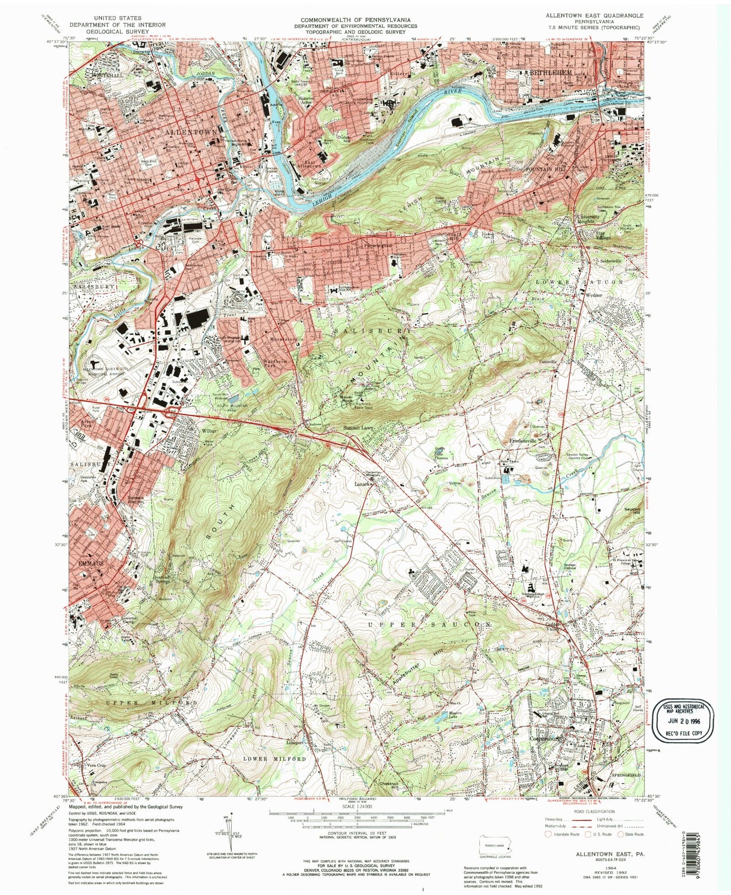 Classic USGS Allentown East Pennsylvania 7.5'x7.5' Topo Map Image