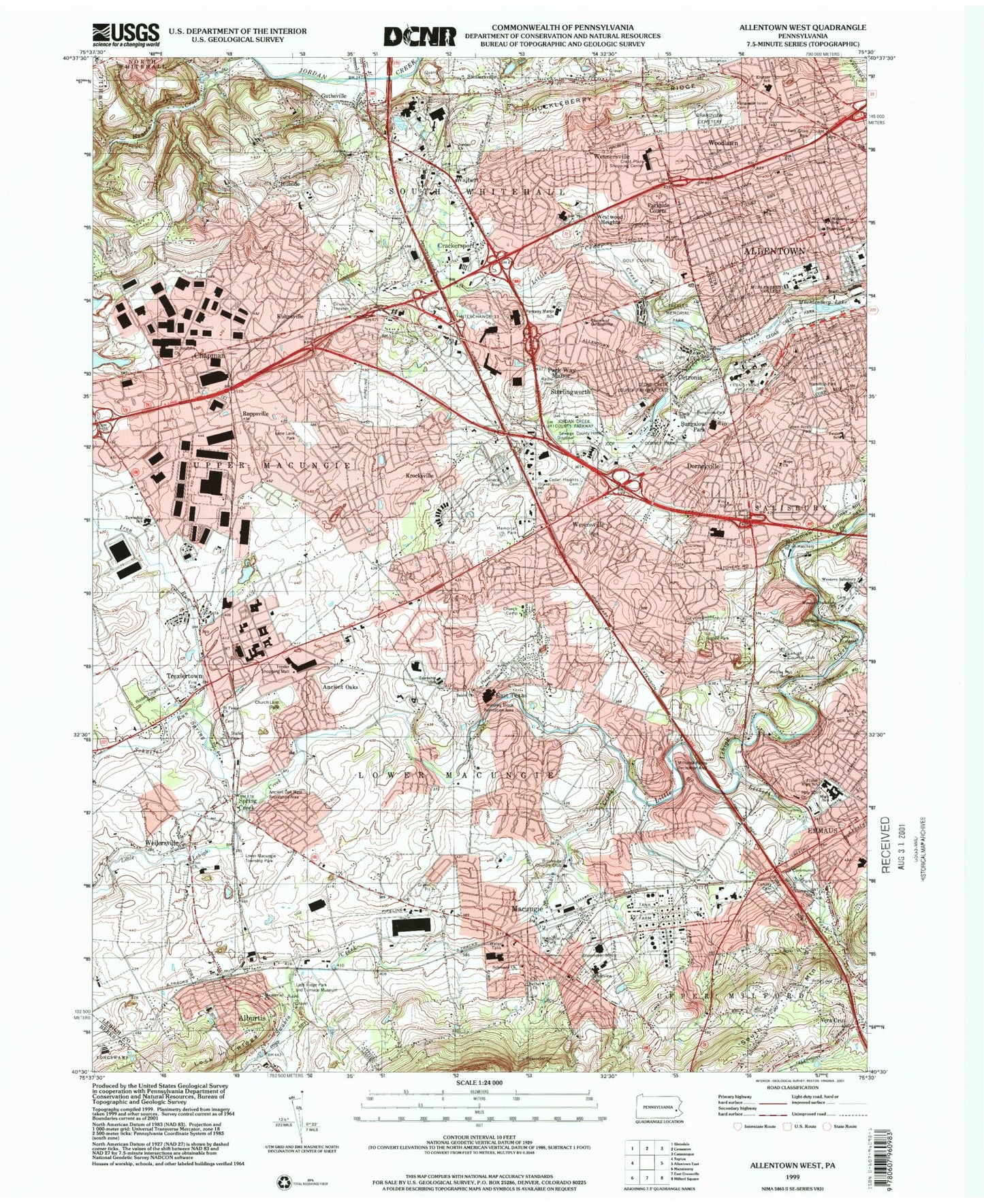 Classic USGS Allentown West Pennsylvania 7.5'x7.5' Topo Map Image