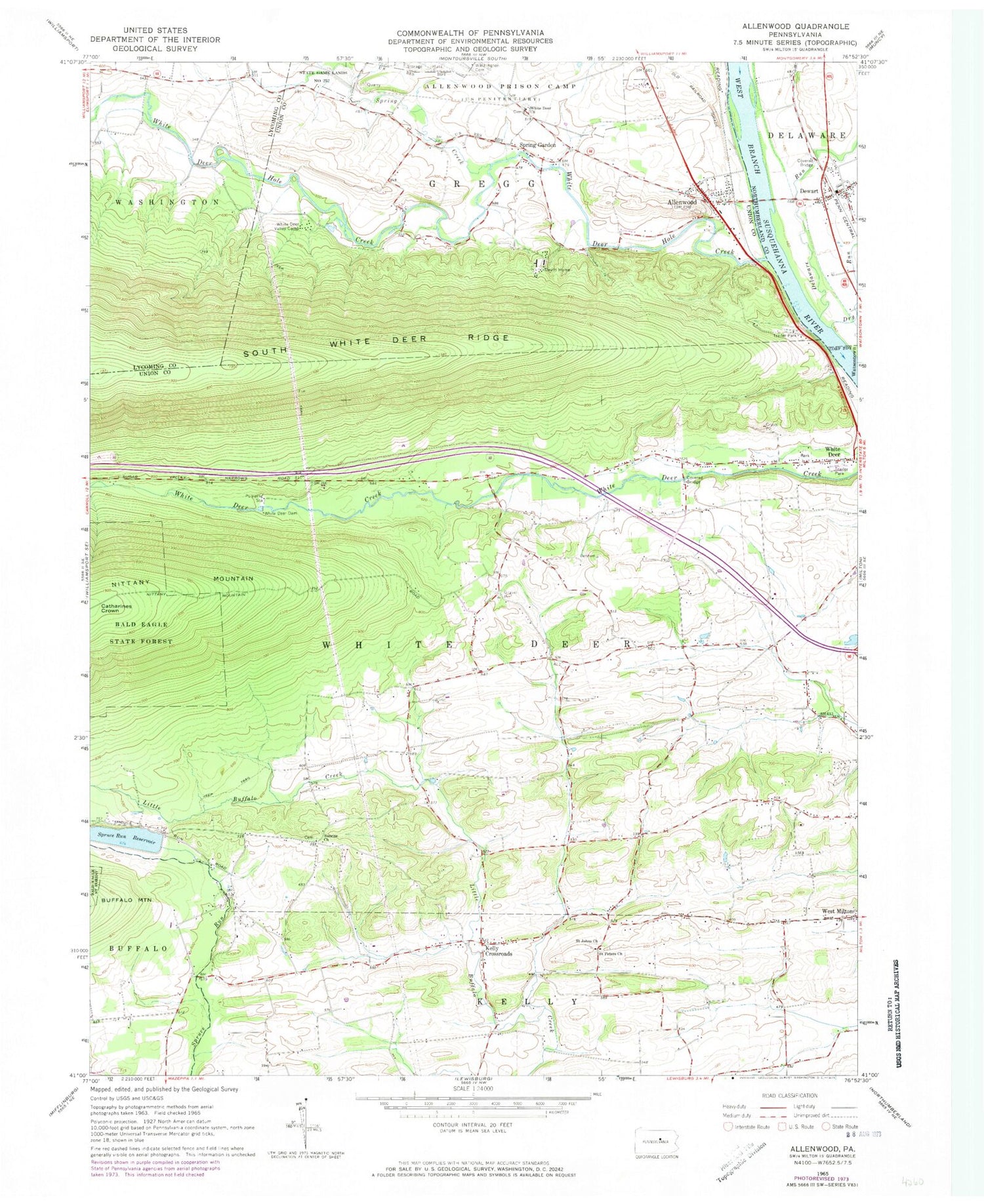 Classic USGS Allenwood Pennsylvania 7.5'x7.5' Topo Map Image