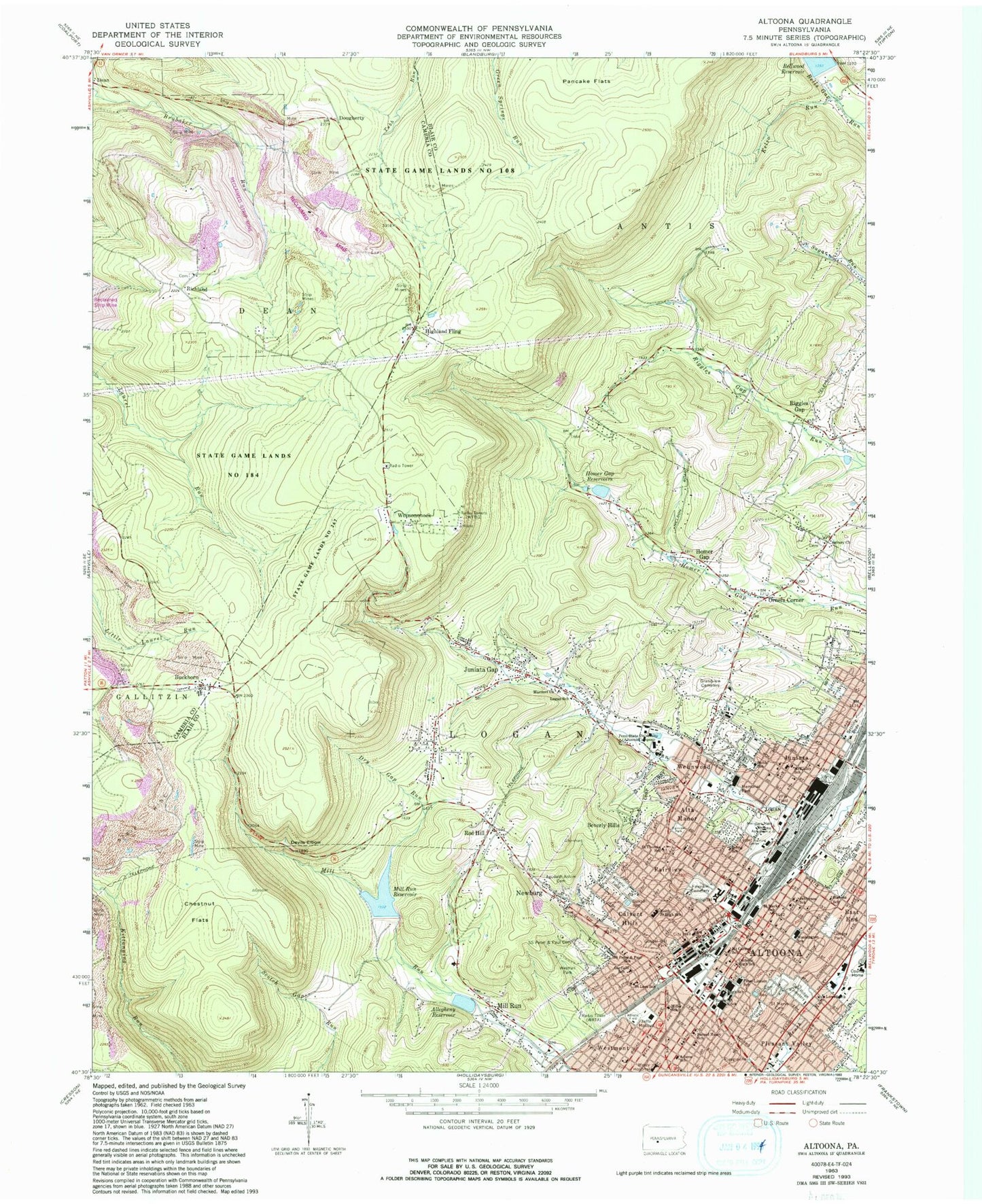 Classic USGS Altoona Pennsylvania 7.5'x7.5' Topo Map Image