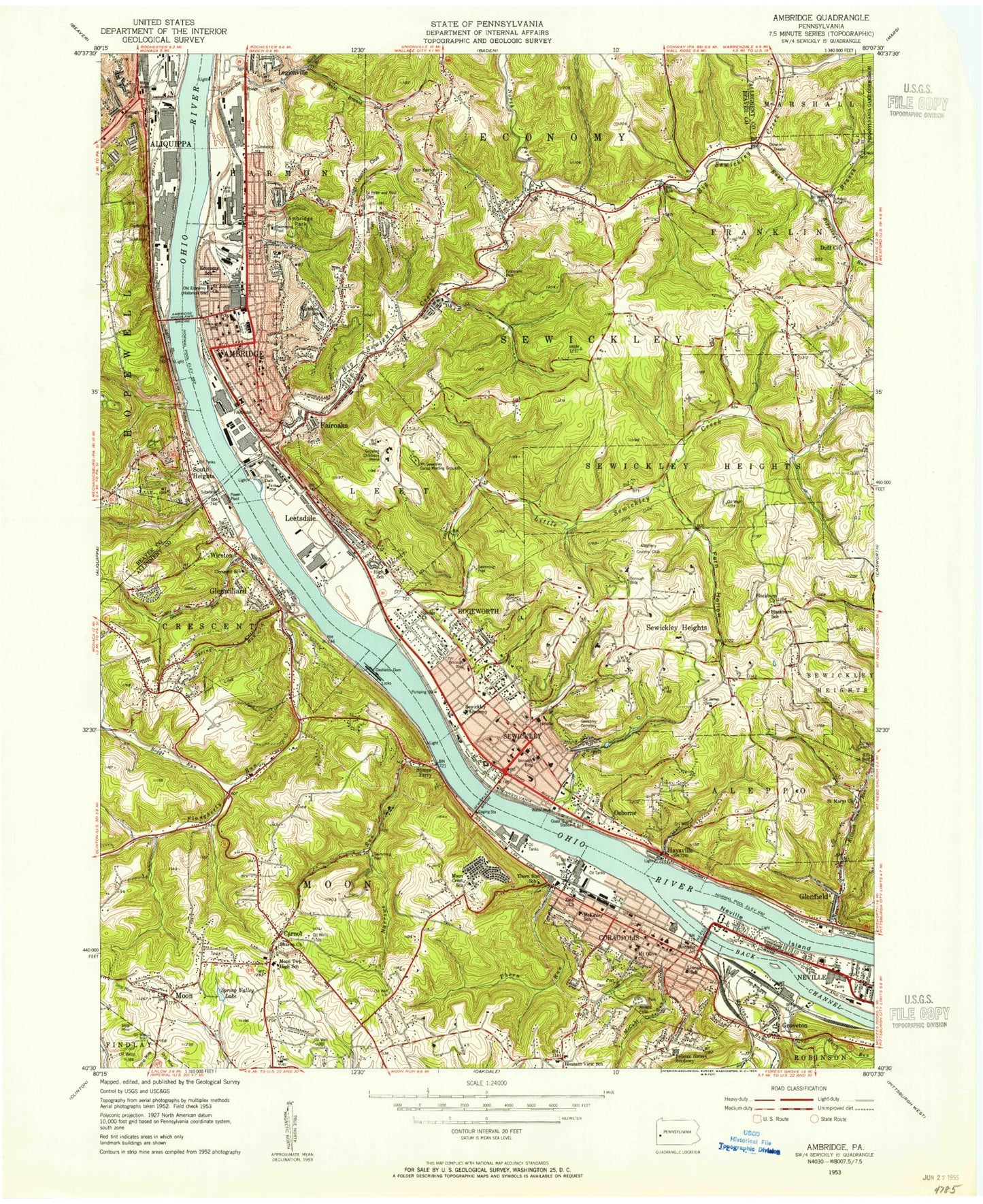 Classic USGS Ambridge Pennsylvania 7.5'x7.5' Topo Map Image