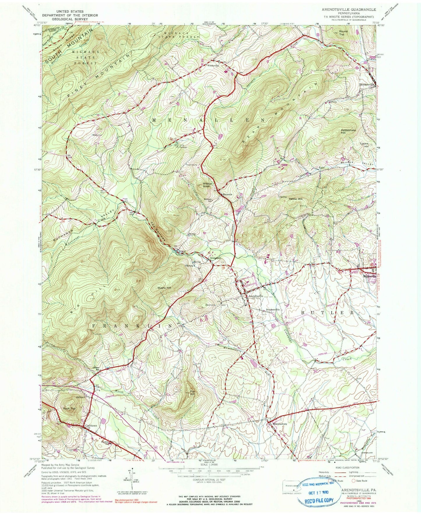 Classic USGS Arendtsville Pennsylvania 7.5'x7.5' Topo Map Image