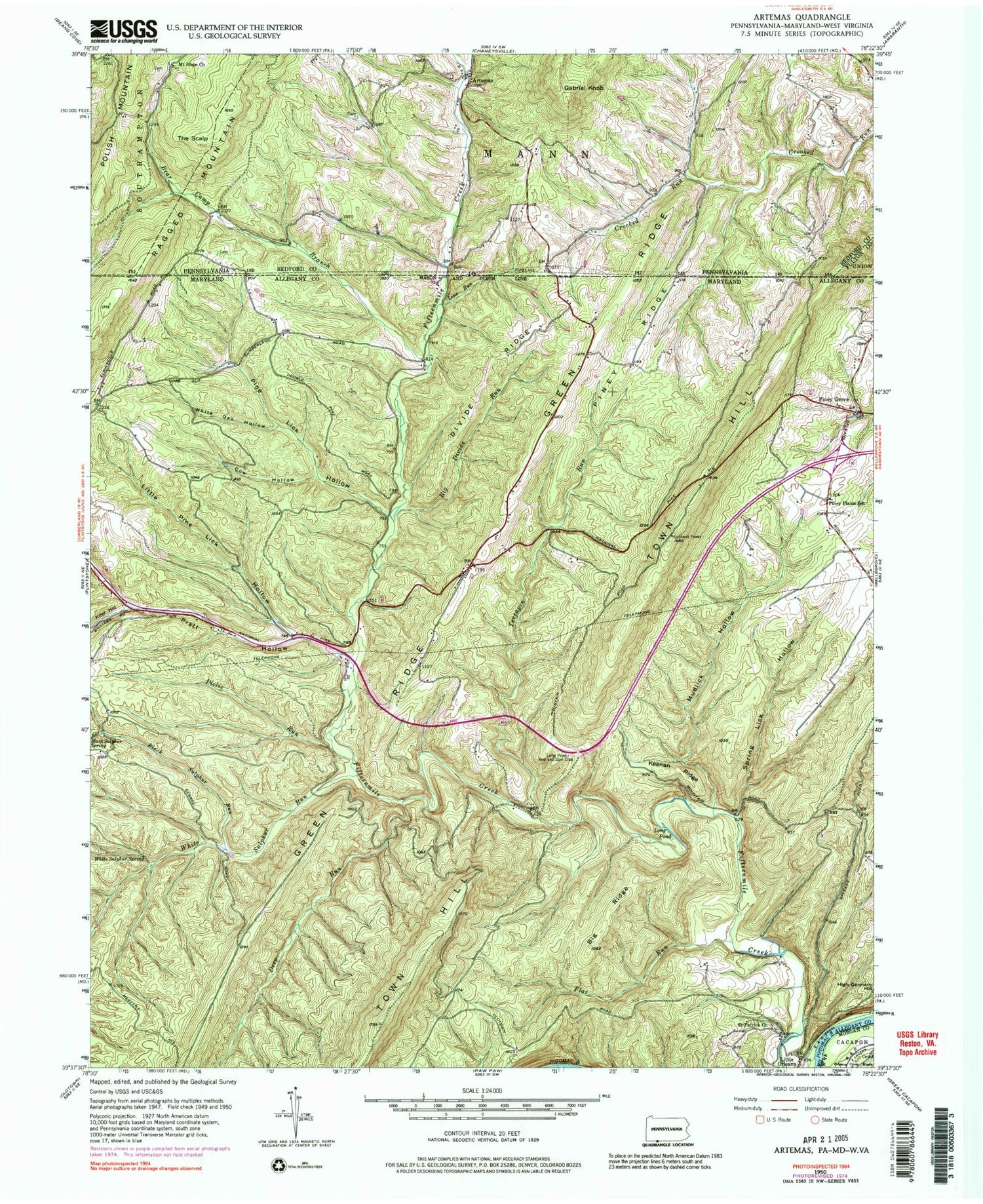 Classic USGS Artemas Pennsylvania 7.5'x7.5' Topo Map Image