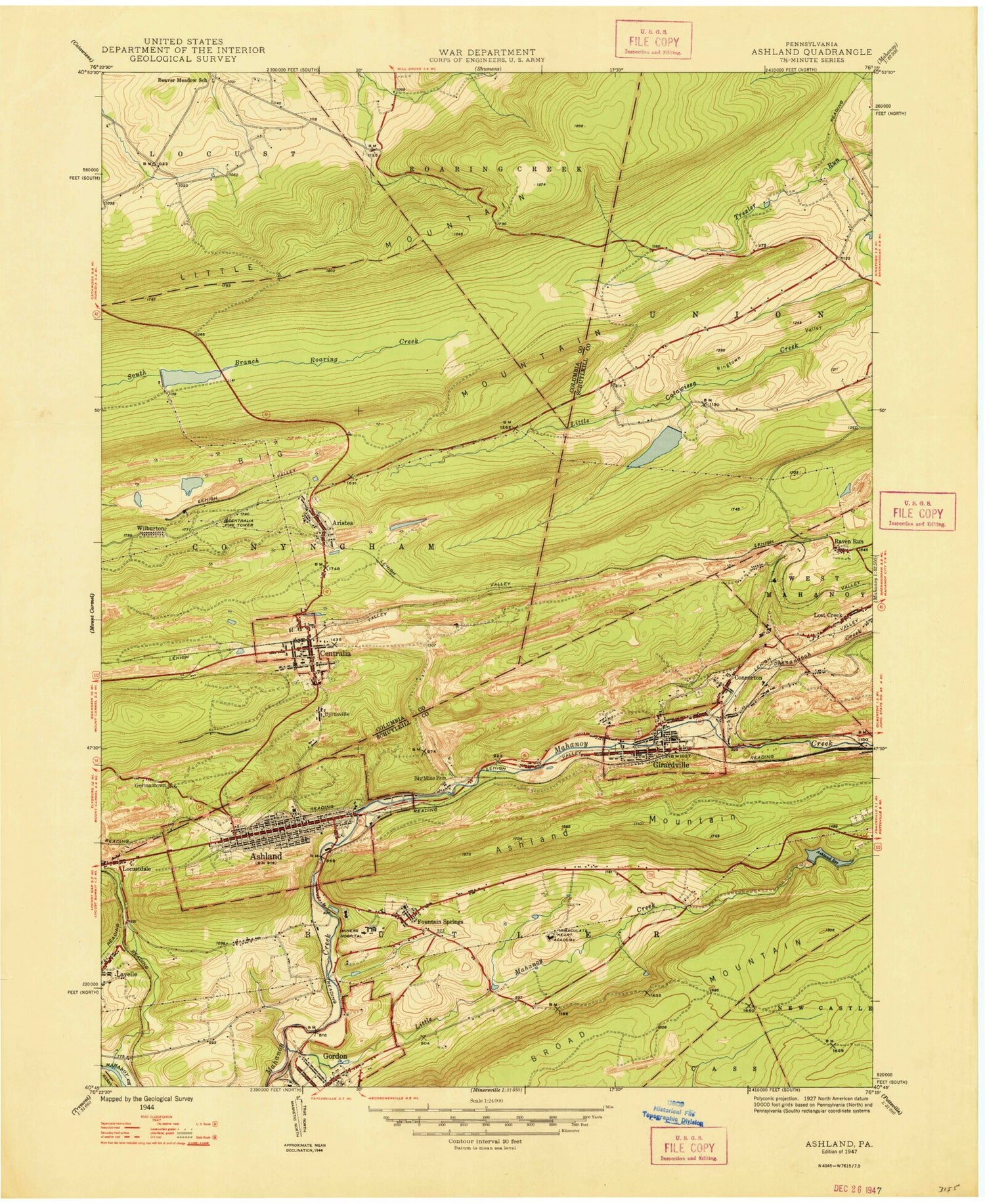 Classic USGS Ashland Pennsylvania 7.5'x7.5' Topo Map Image
