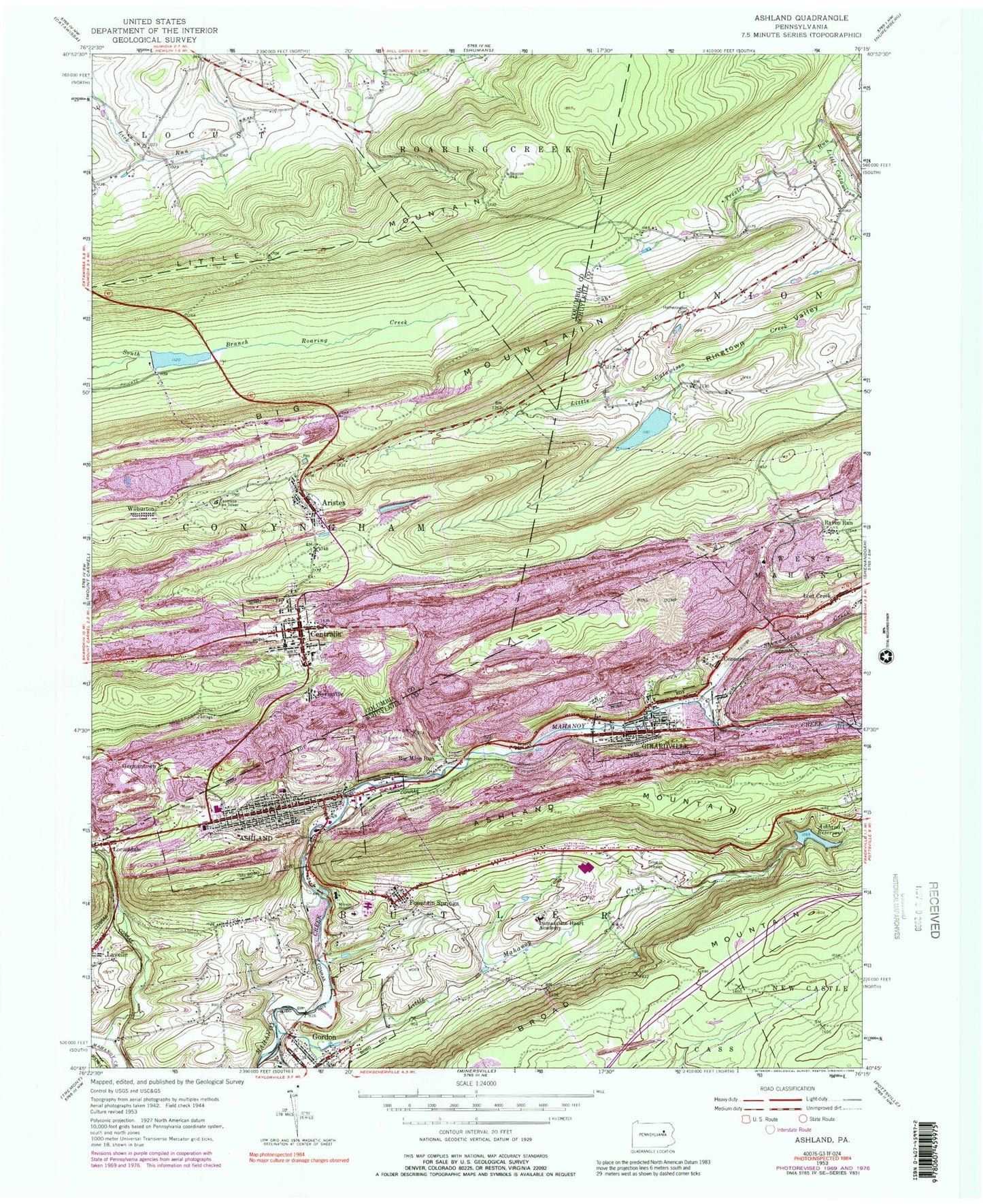 Classic USGS Ashland Pennsylvania 7.5'x7.5' Topo Map Image