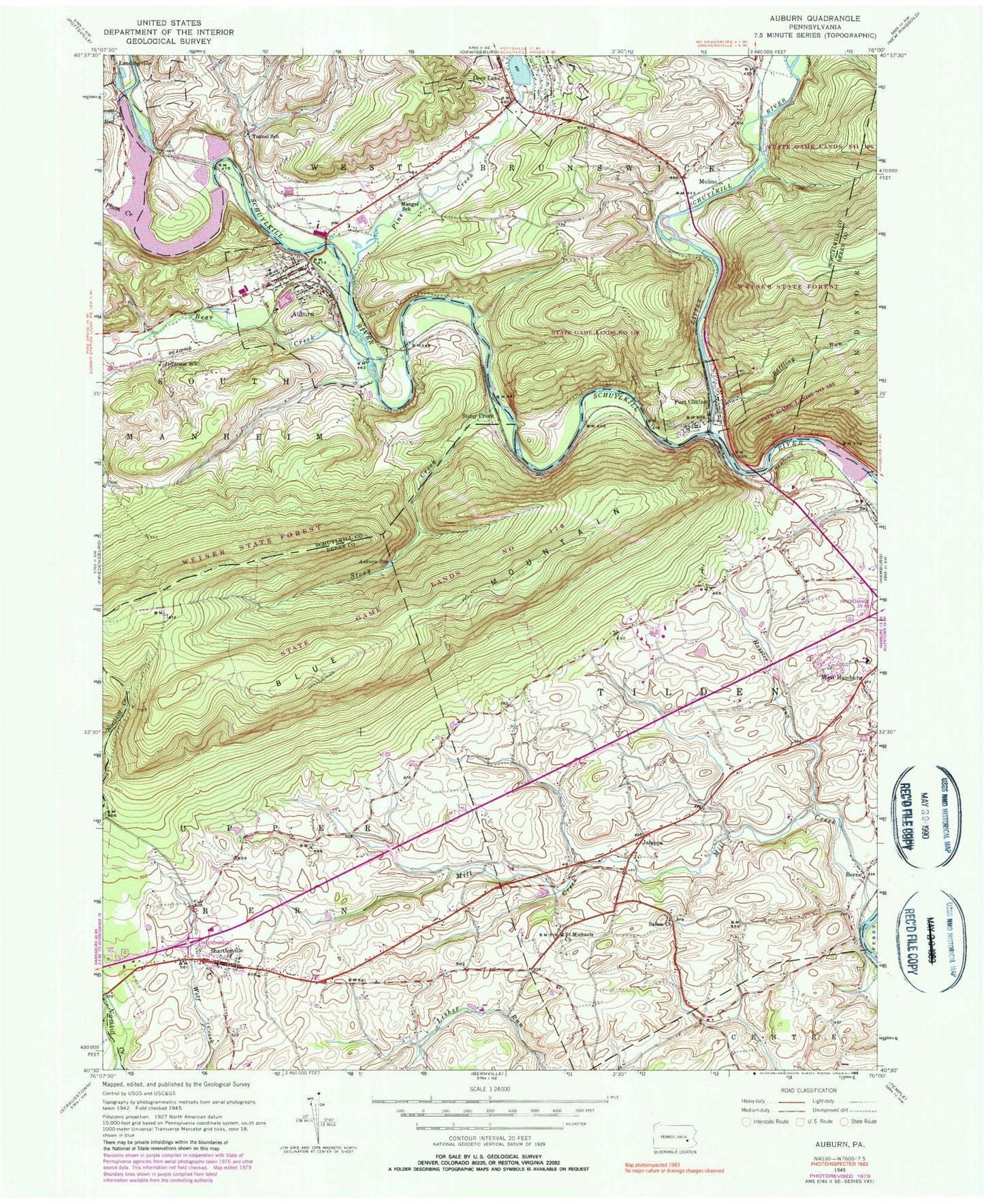 Classic USGS Auburn Pennsylvania 7.5'x7.5' Topo Map Image