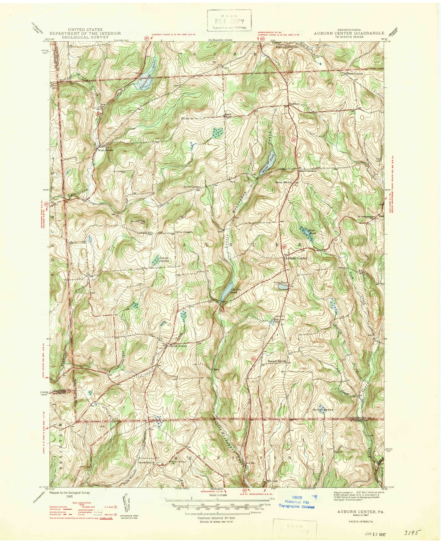 Classic USGS Auburn Center Pennsylvania 7.5'x7.5' Topo Map Image