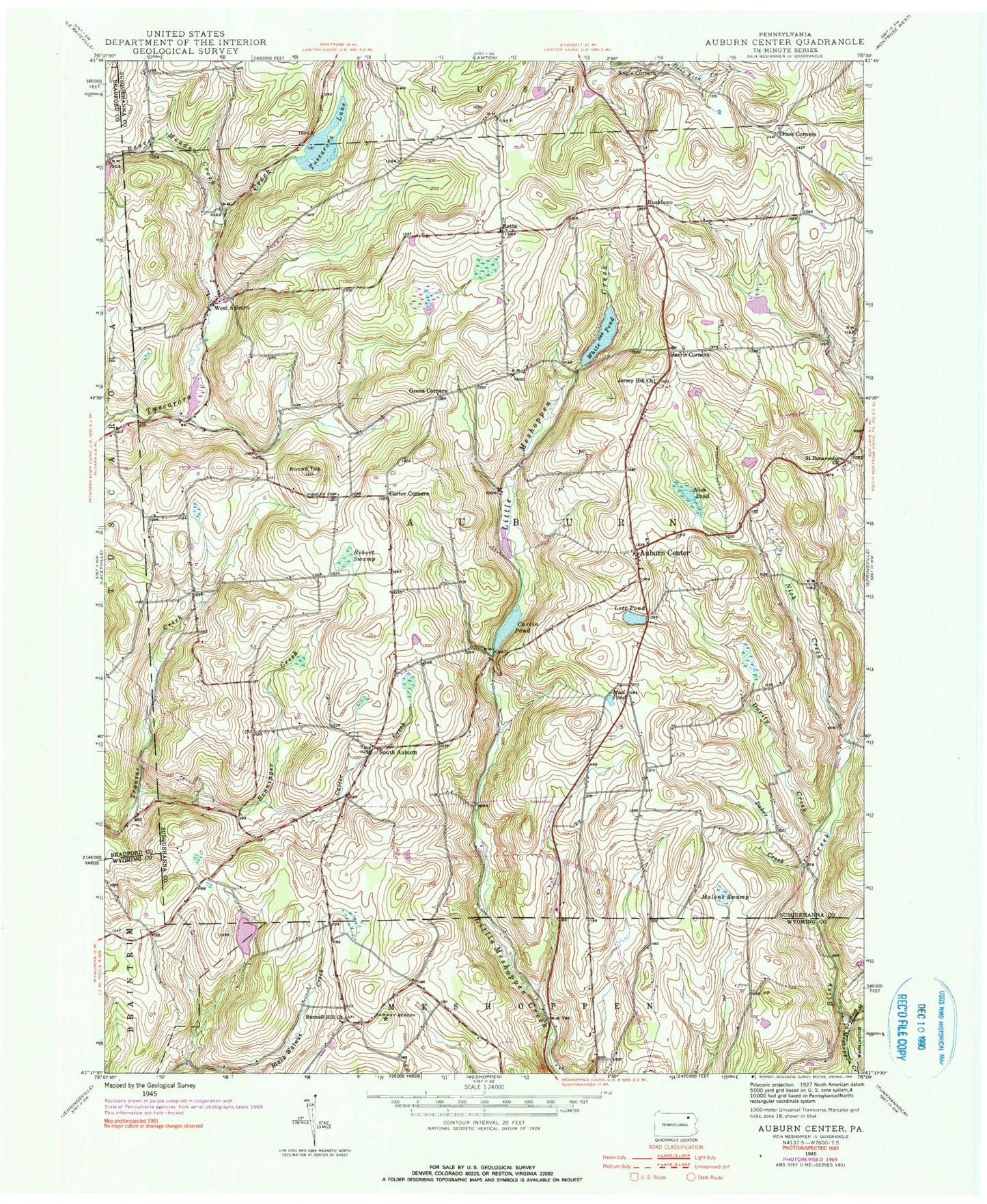 Classic USGS Auburn Center Pennsylvania 7.5'x7.5' Topo Map Image