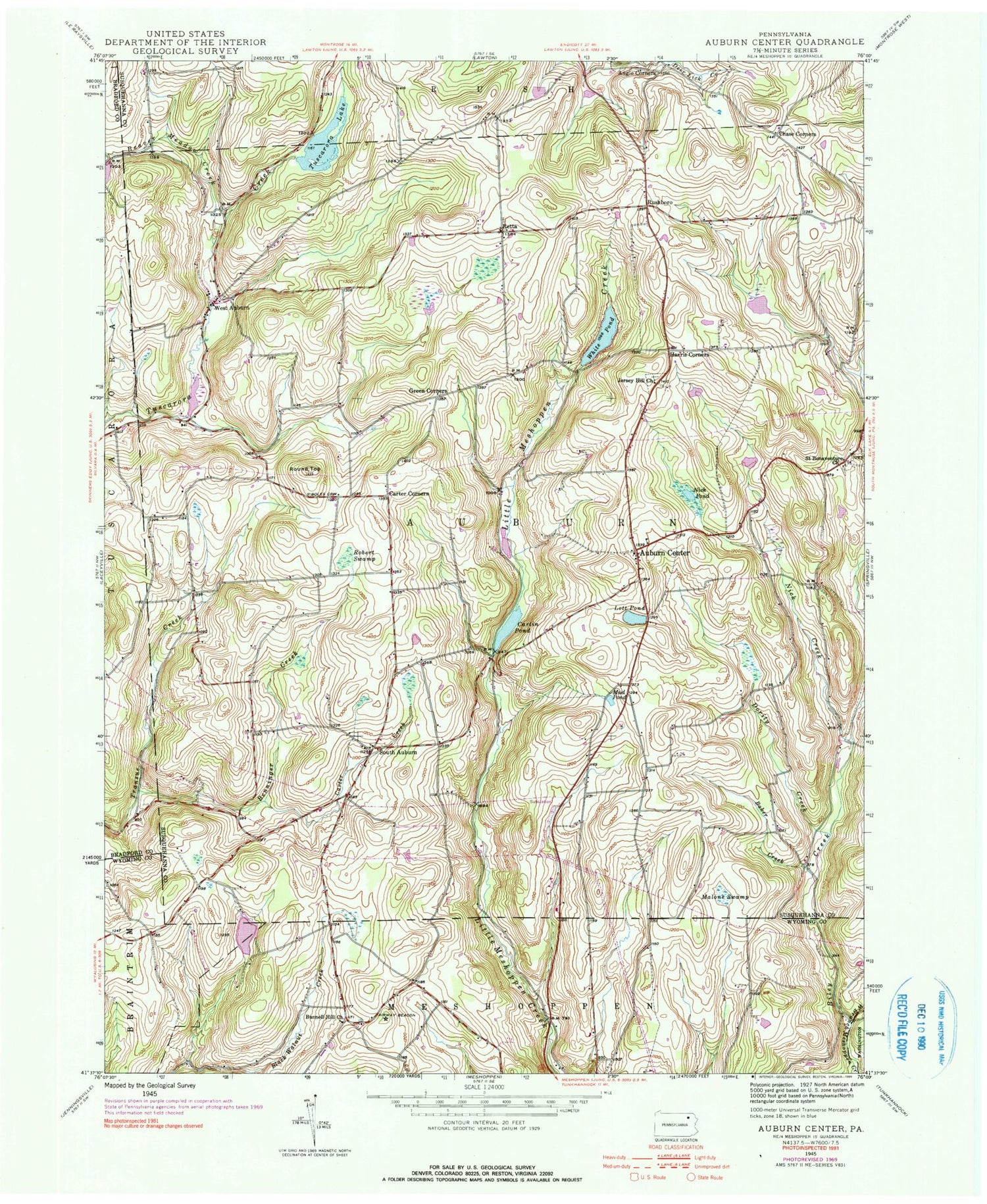 Classic USGS Auburn Center Pennsylvania 7.5'x7.5' Topo Map Image