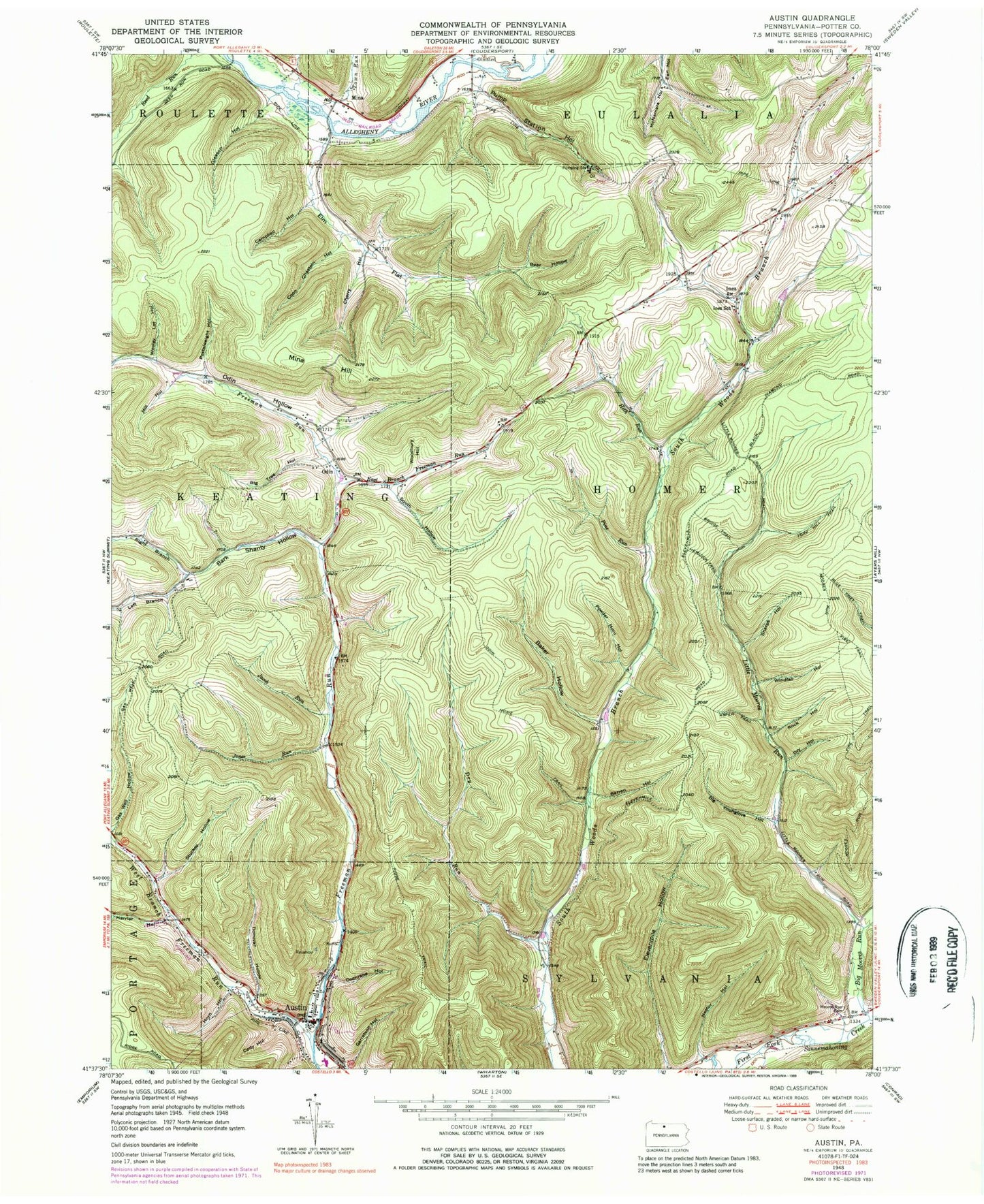 Classic USGS Austin Pennsylvania 7.5'x7.5' Topo Map Image