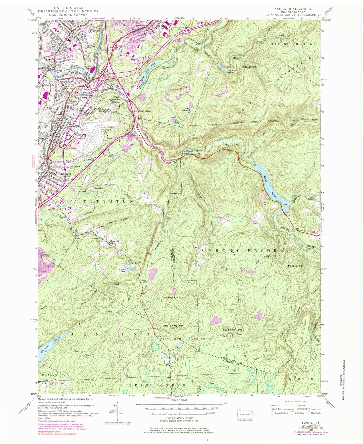Classic USGS Avoca Pennsylvania 7.5'x7.5' Topo Map Image