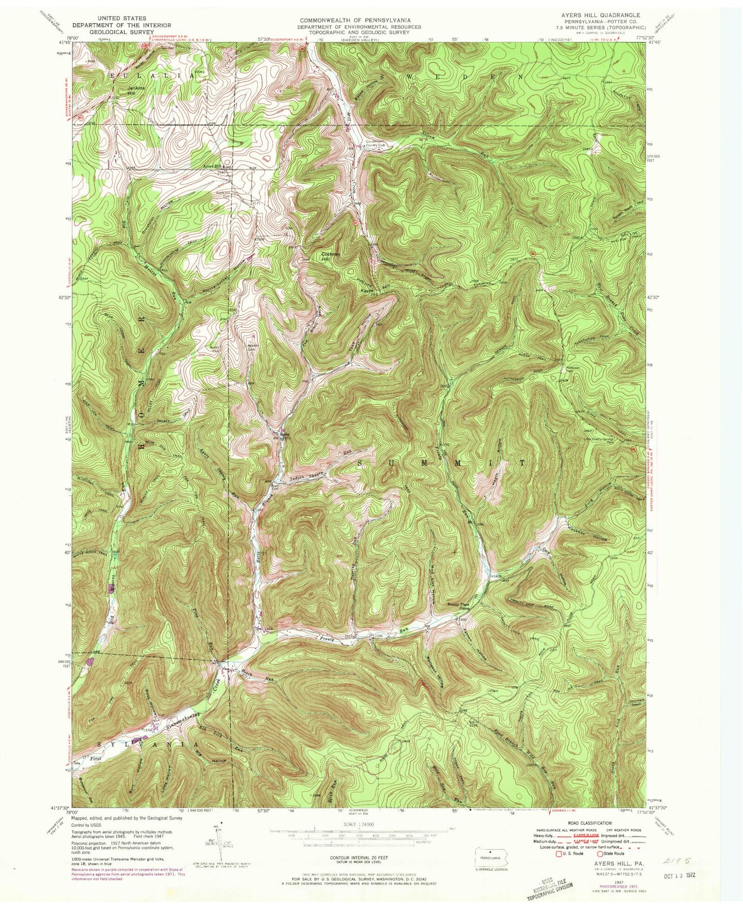 Classic USGS Ayers Hill Pennsylvania 7.5'x7.5' Topo Map Image