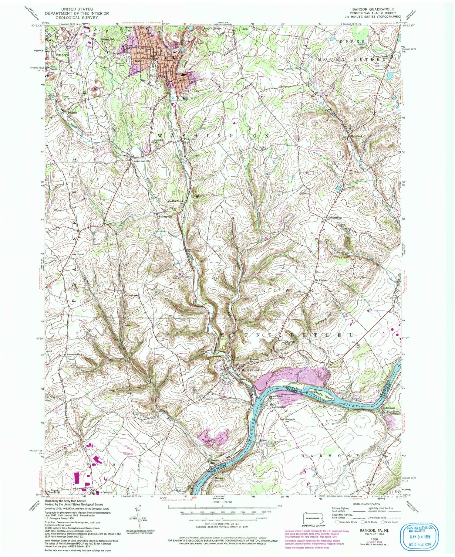 Classic USGS Bangor Pennsylvania 7.5'x7.5' Topo Map Image
