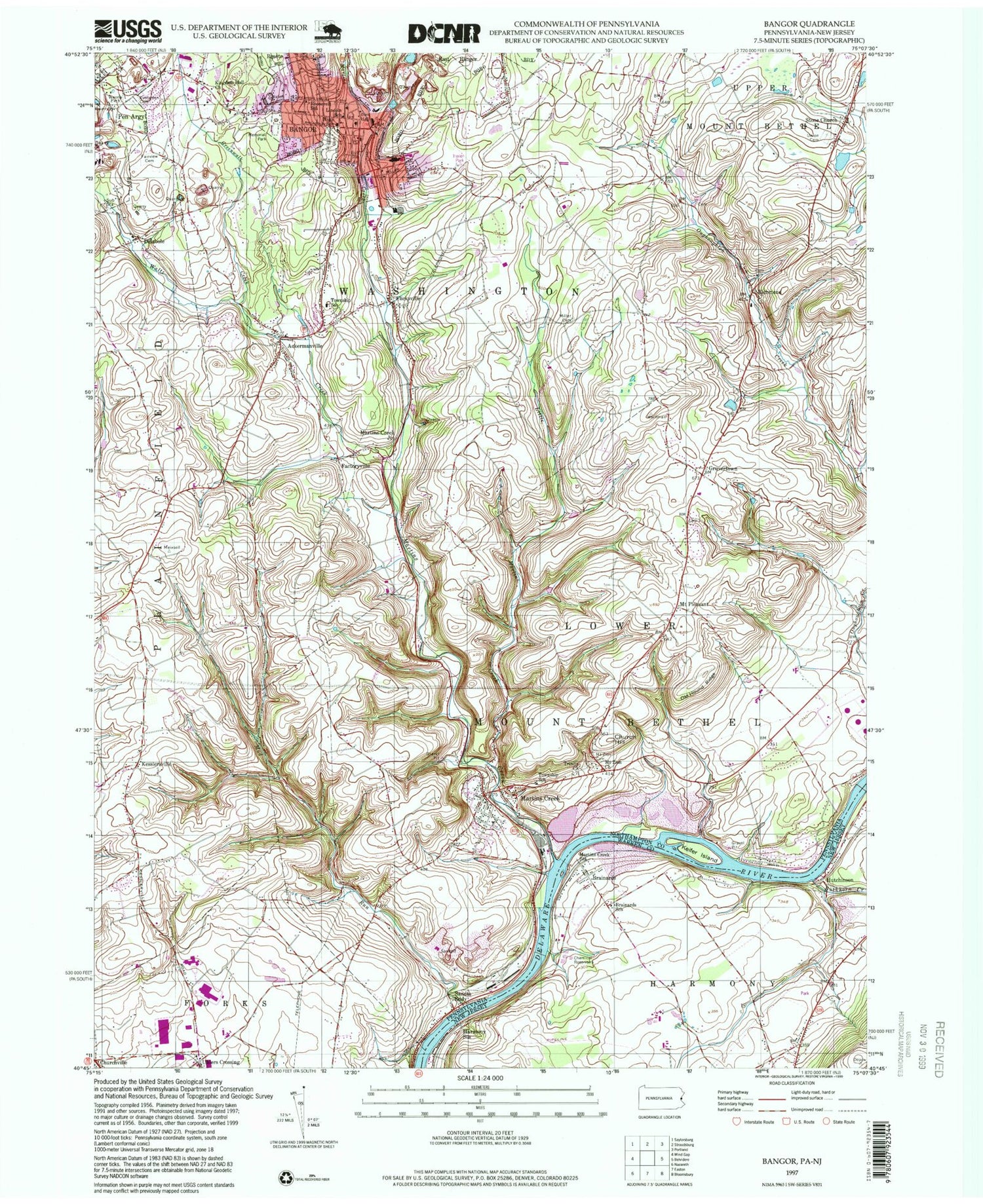 Classic USGS Bangor Pennsylvania 7.5'x7.5' Topo Map Image