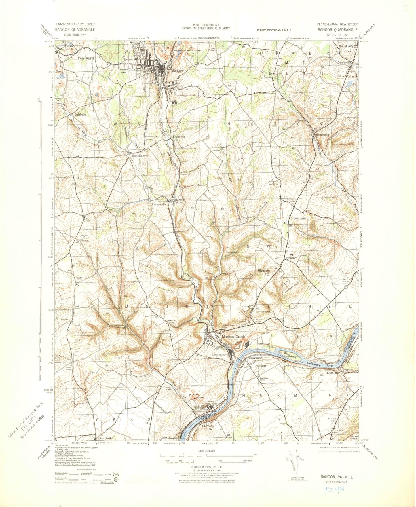 Classic USGS Bangor Pennsylvania 7.5'x7.5' Topo Map Image