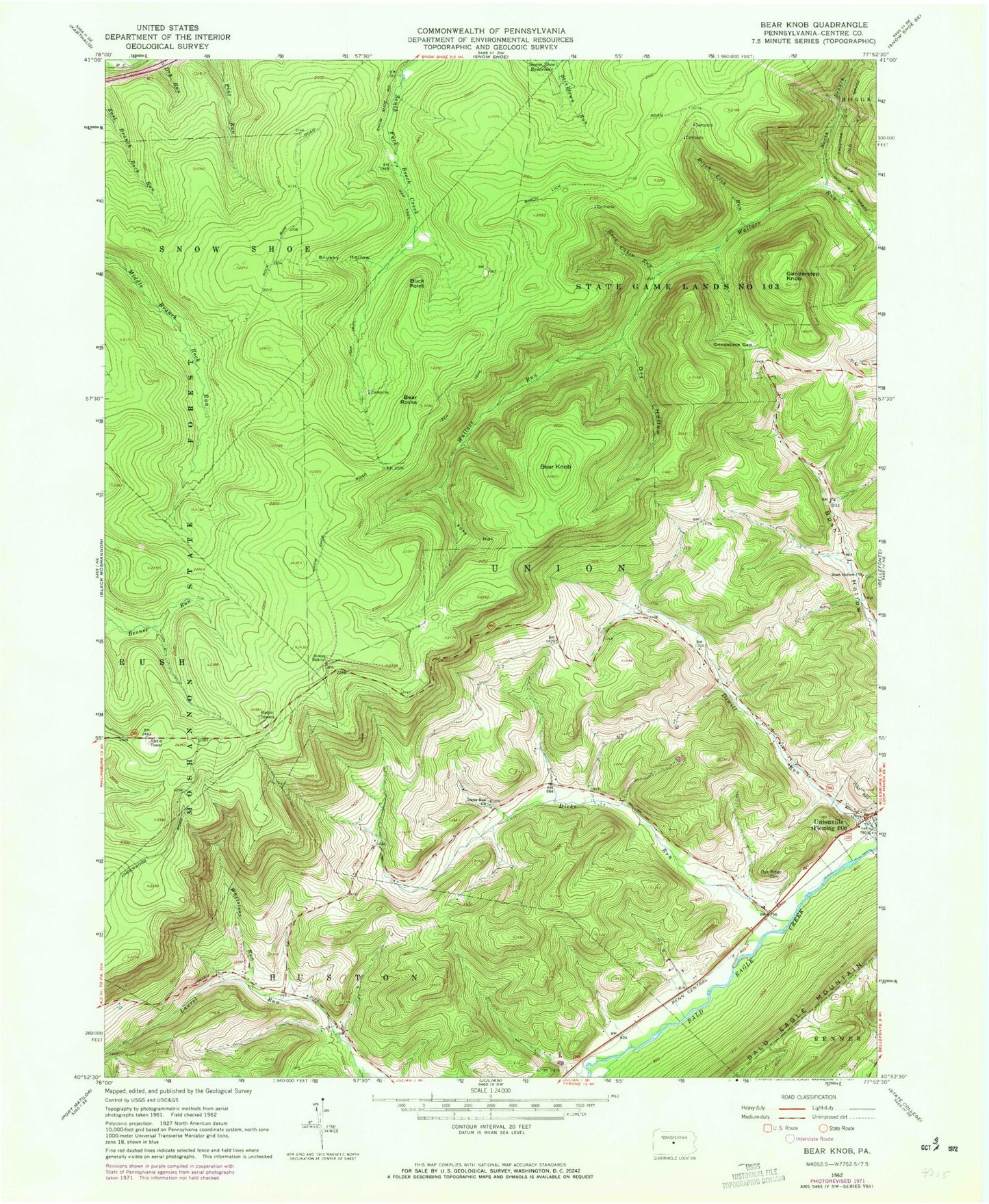 Classic USGS Bear Knob Pennsylvania 7.5'x7.5' Topo Map Image