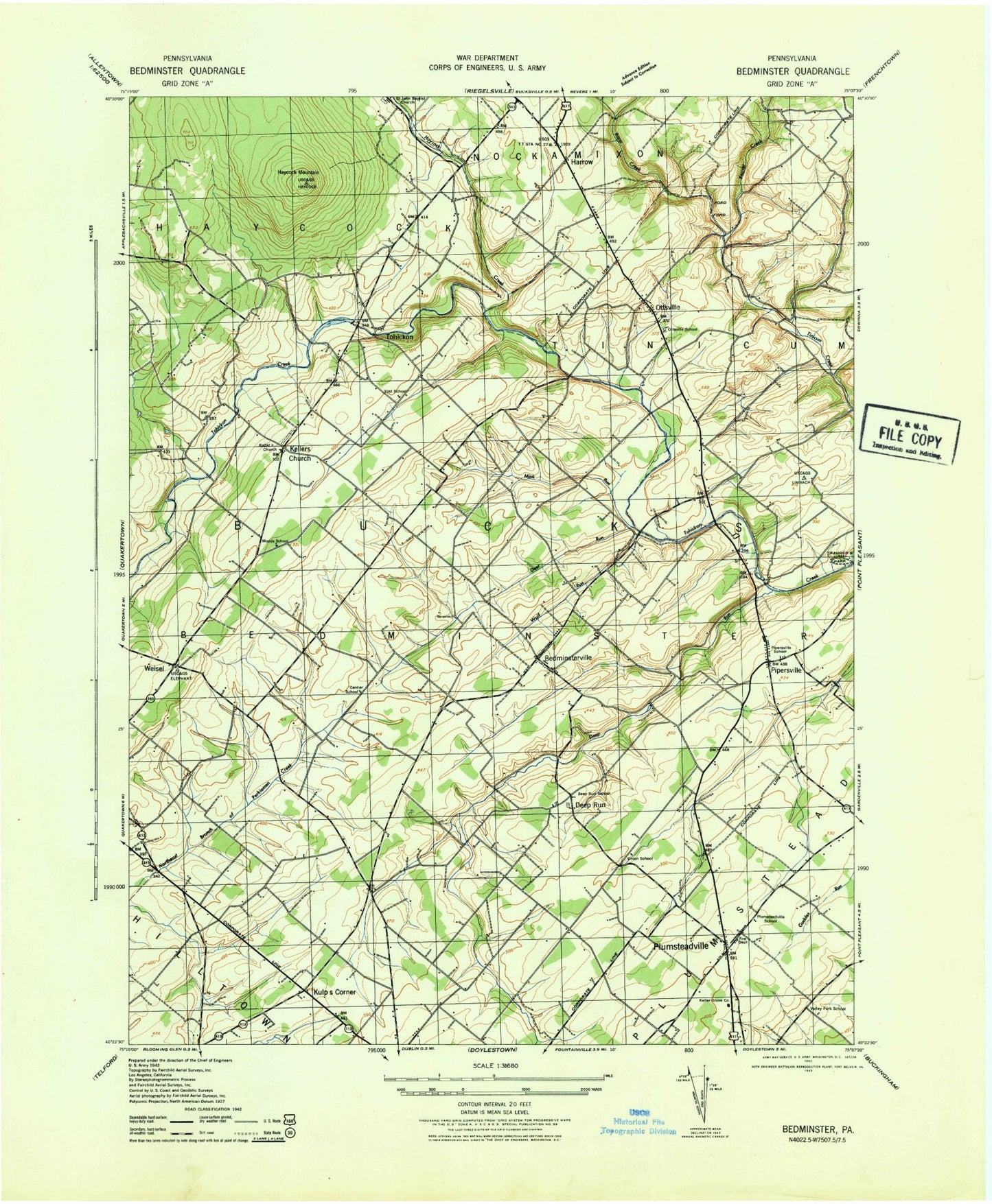 Classic USGS Bedminster Pennsylvania 7.5'x7.5' Topo Map Image