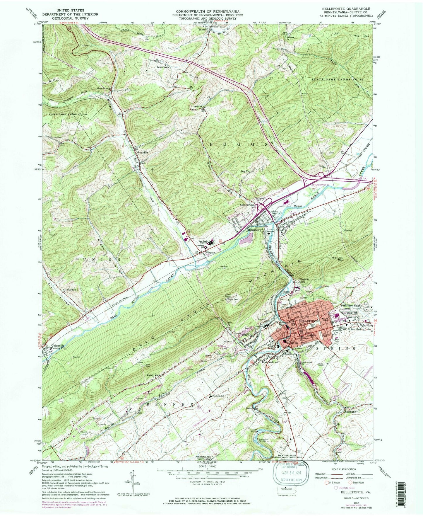 Classic USGS Bellefonte Pennsylvania 7.5'x7.5' Topo Map Image
