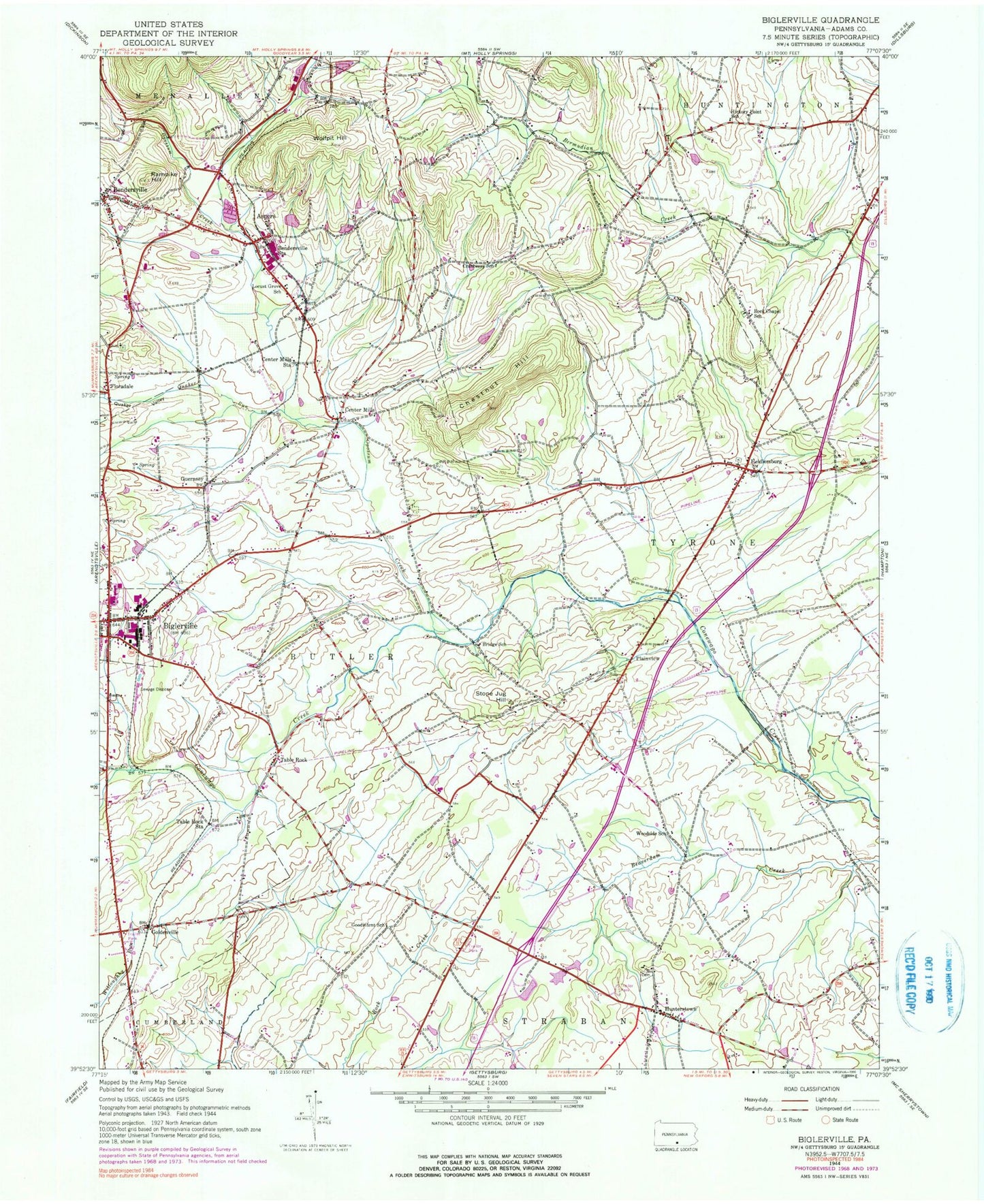 Classic USGS Biglerville Pennsylvania 7.5'x7.5' Topo Map Image
