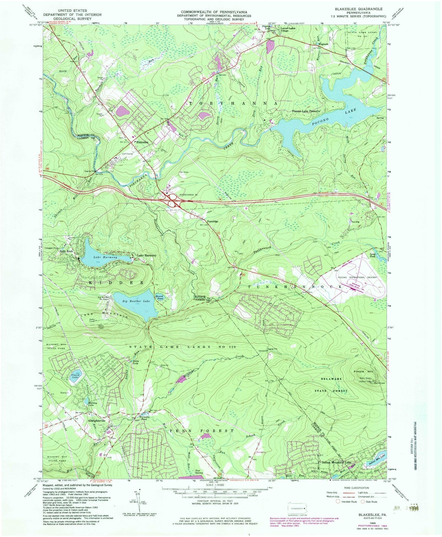 Classic USGS Blakeslee Pennsylvania 7.5'x7.5' Topo Map Image