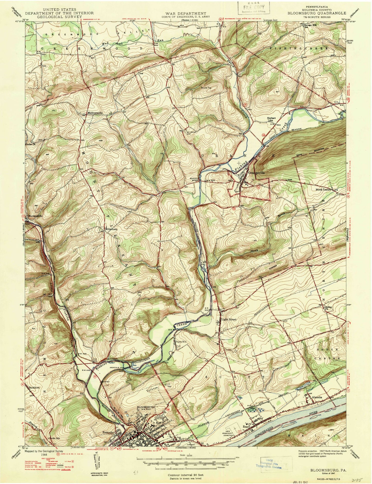 Classic USGS Bloomsburg Pennsylvania 7.5'x7.5' Topo Map Image