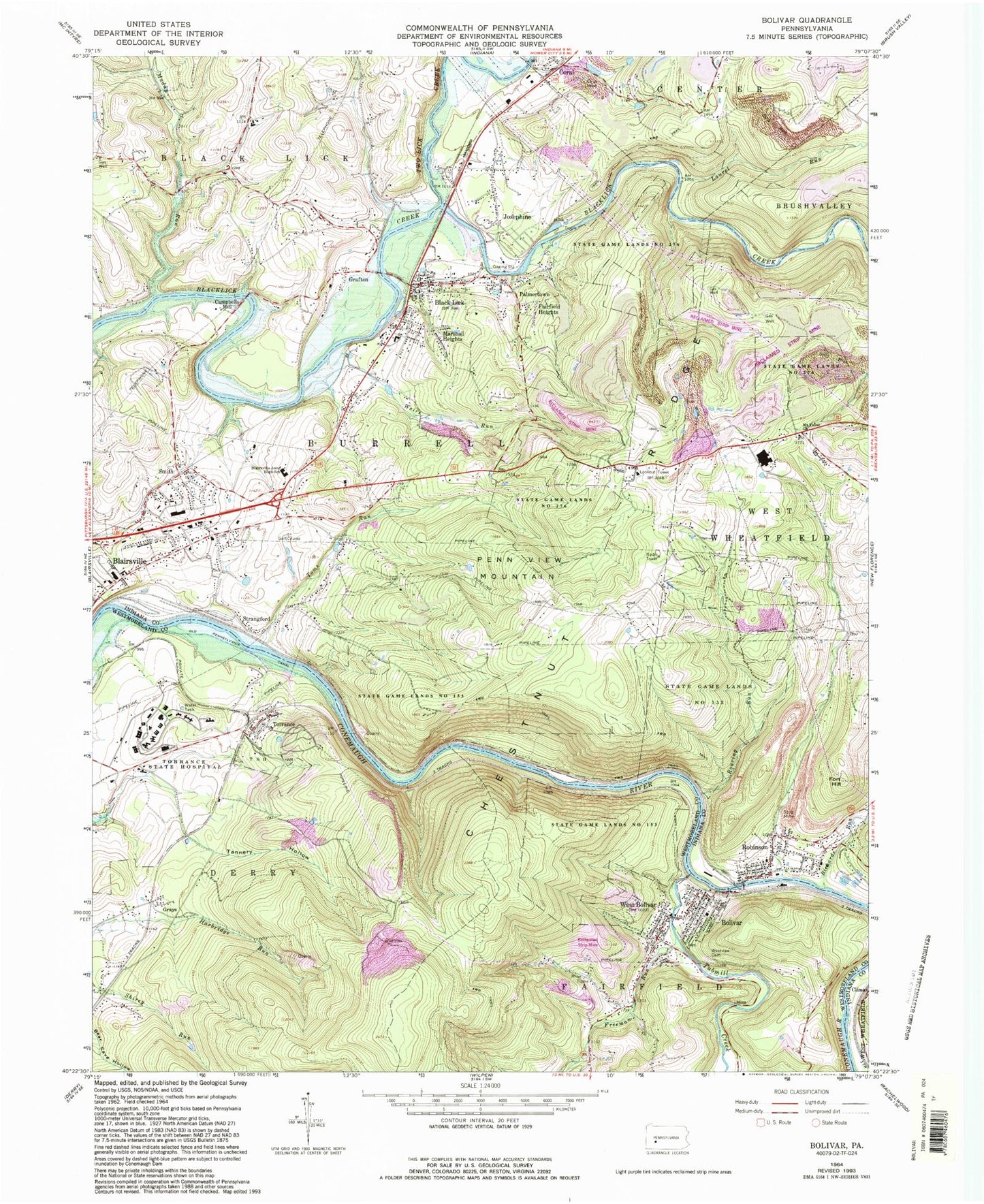 Classic USGS Bolivar Pennsylvania 7.5'x7.5' Topo Map Image