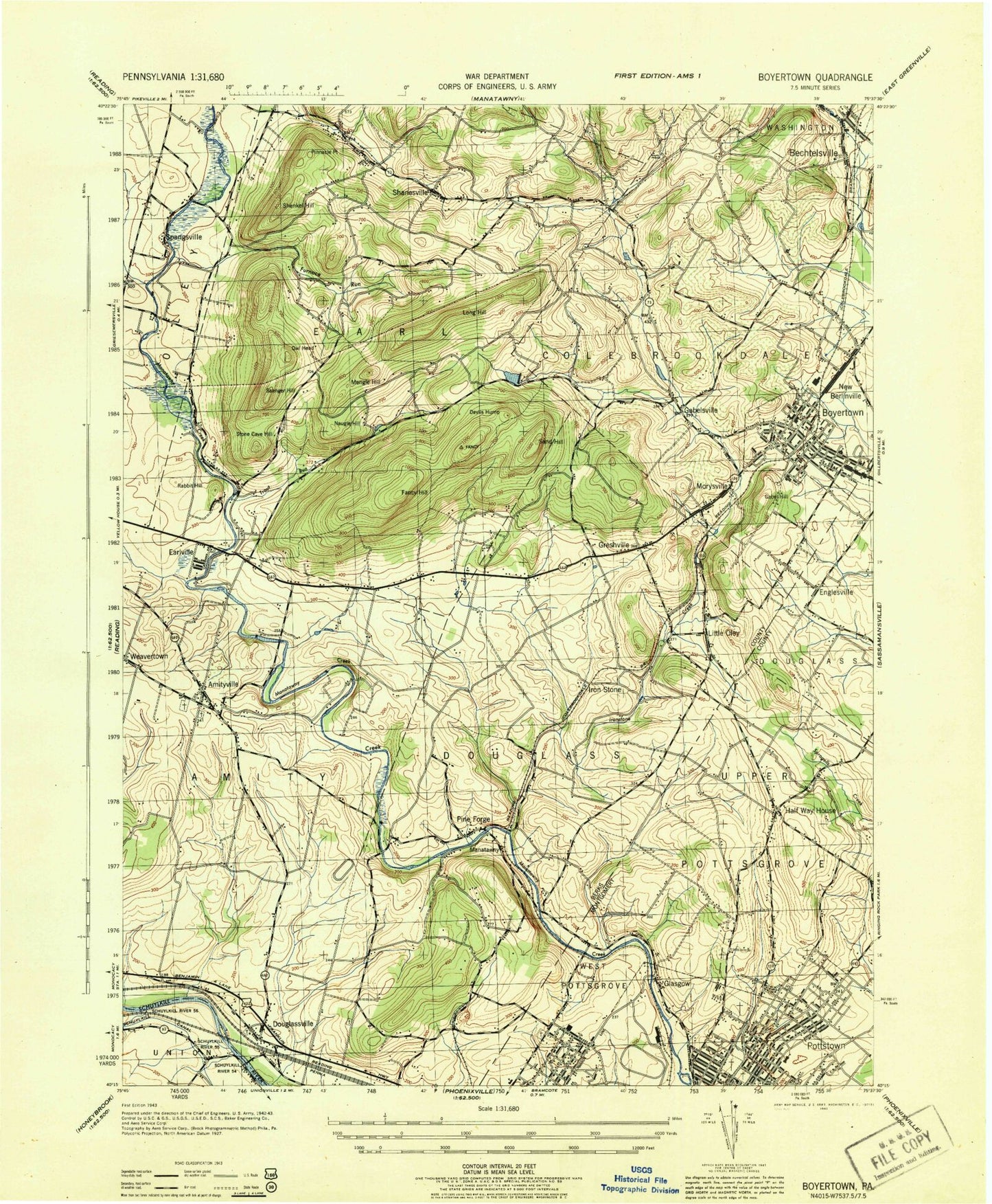 Classic USGS Boyertown Pennsylvania 7.5'x7.5' Topo Map Image
