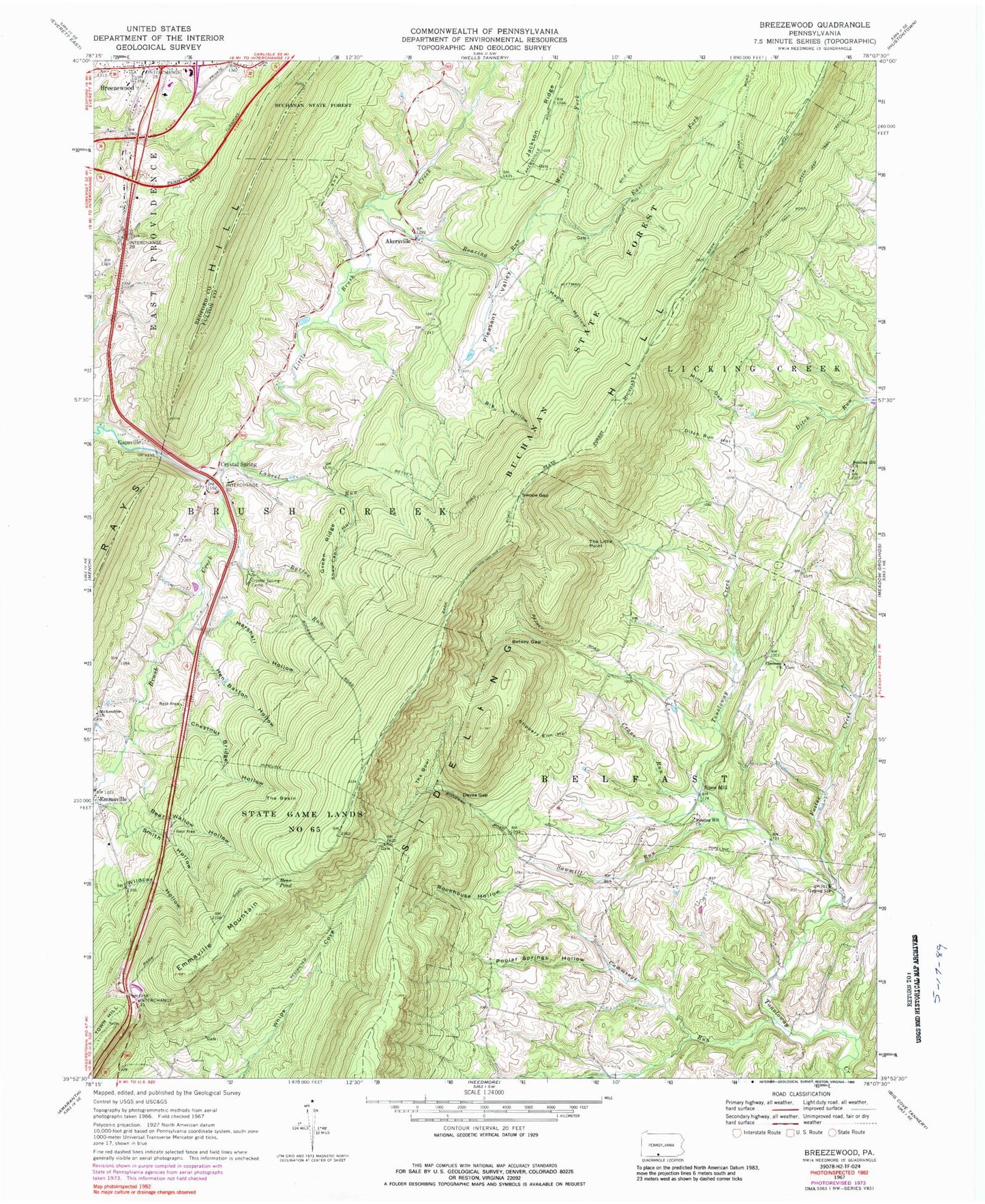 Classic USGS Breezewood Pennsylvania 7.5'x7.5' Topo Map Image