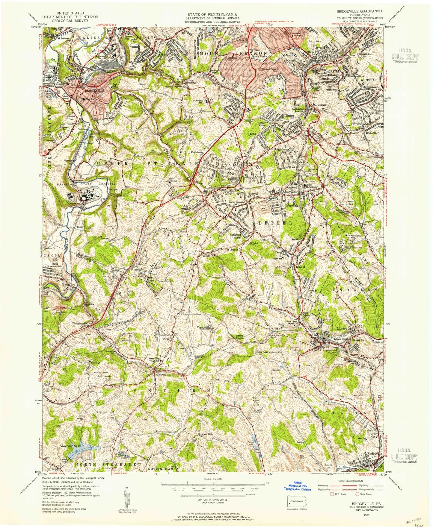 Classic USGS Bridgeville Pennsylvania 7.5'x7.5' Topo Map Image