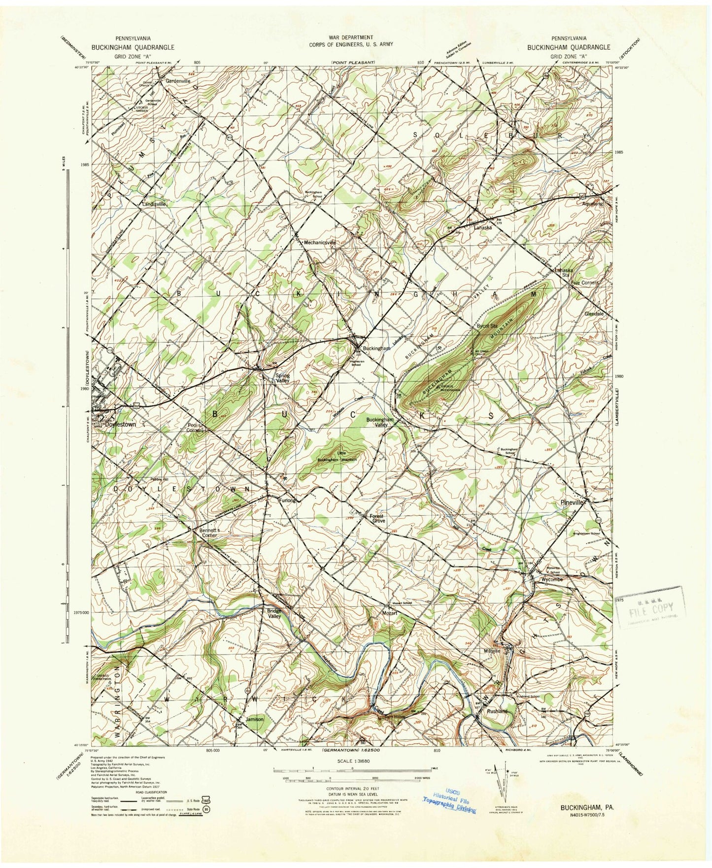 Classic USGS Buckingham Pennsylvania 7.5'x7.5' Topo Map Image