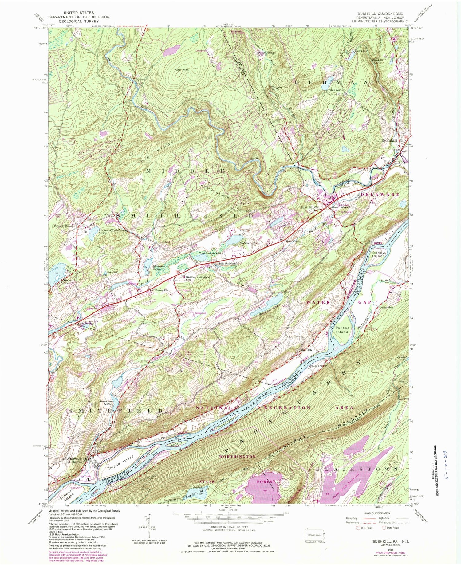 Classic USGS Bushkill Pennsylvania 7.5'x7.5' Topo Map Image