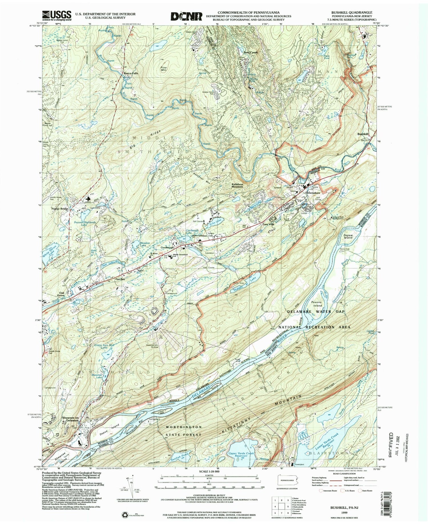 Classic USGS Bushkill Pennsylvania 7.5'x7.5' Topo Map Image