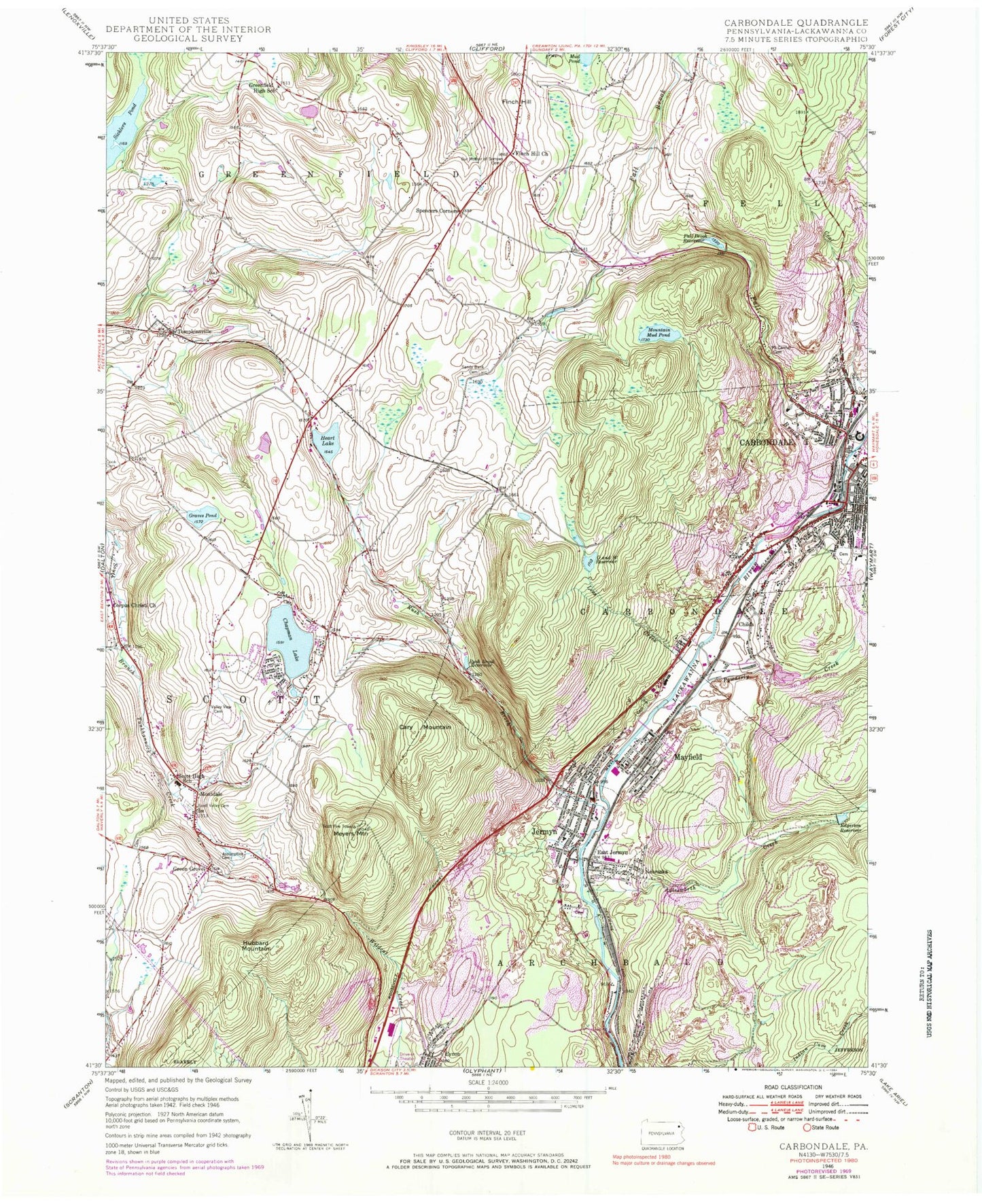 Classic USGS Carbondale Pennsylvania 7.5'x7.5' Topo Map Image