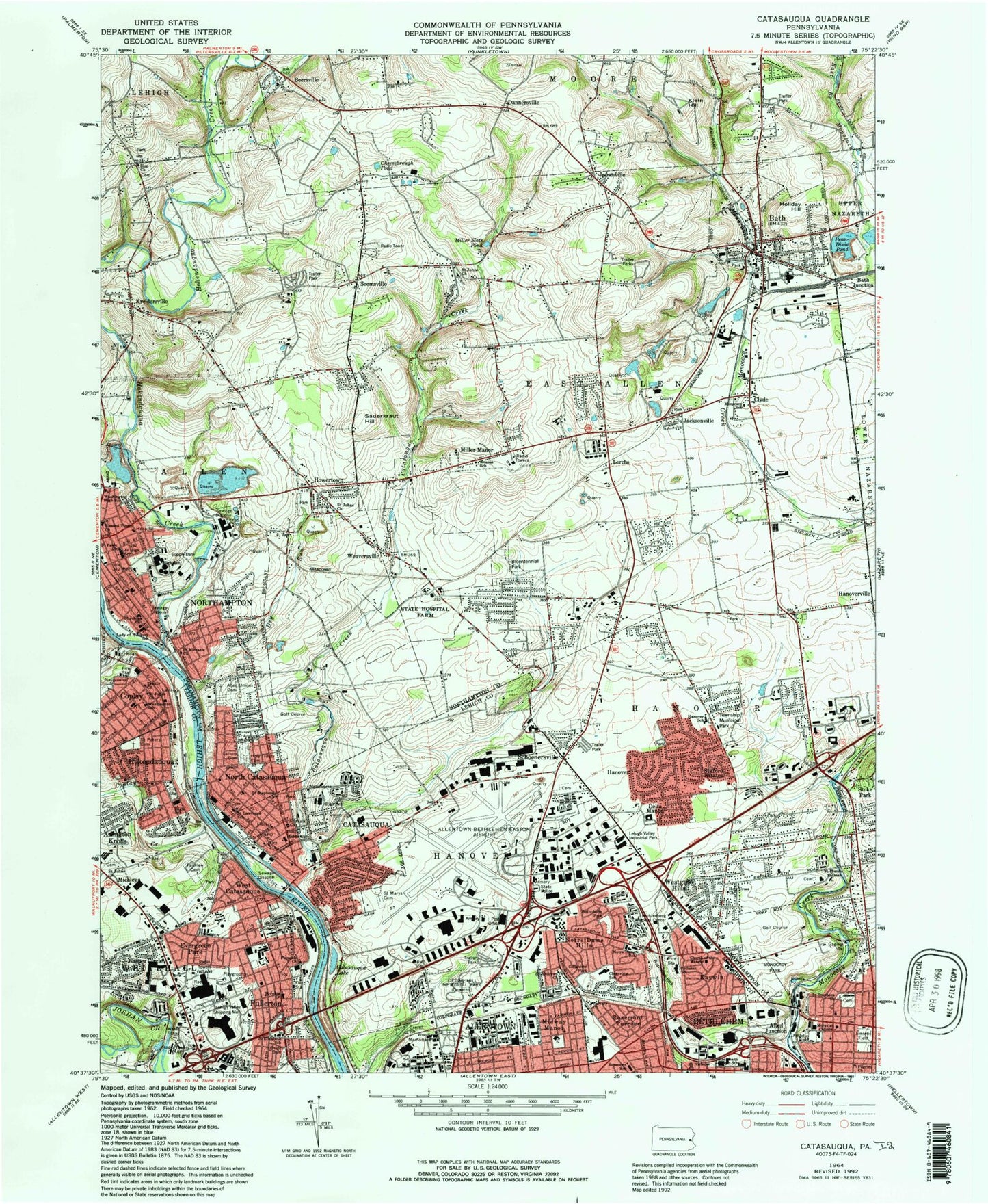 Classic USGS Catasauqua Pennsylvania 7.5'x7.5' Topo Map Image