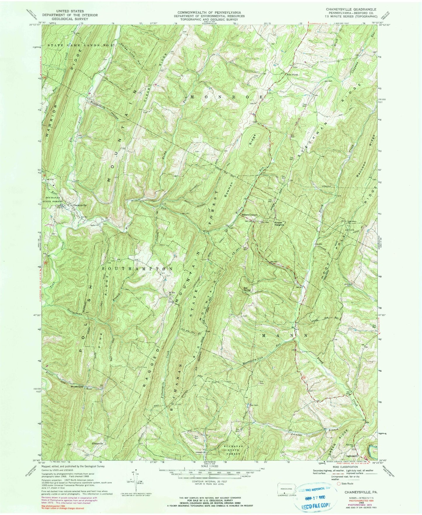 Classic USGS Chaneysville Pennsylvania 7.5'x7.5' Topo Map Image