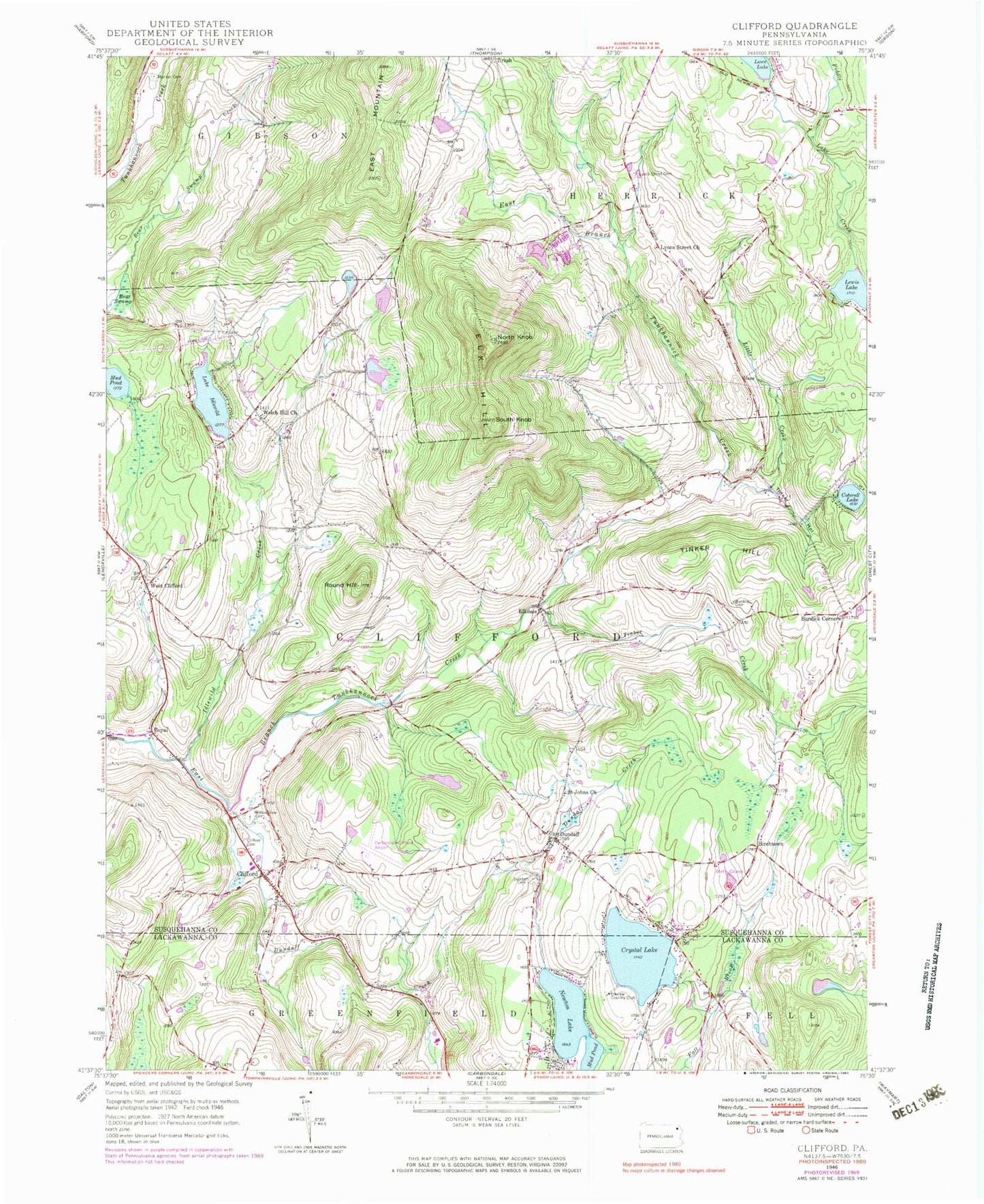 Classic USGS Clifford Pennsylvania 7.5'x7.5' Topo Map Image