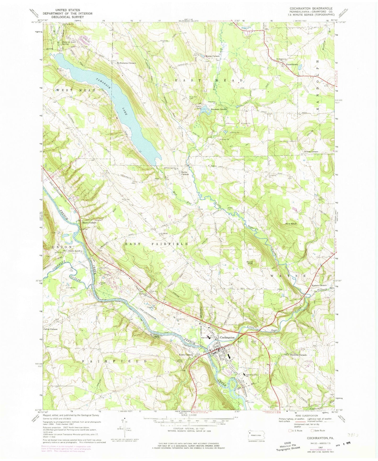Classic USGS Cochranton Pennsylvania 7.5'x7.5' Topo Map Image