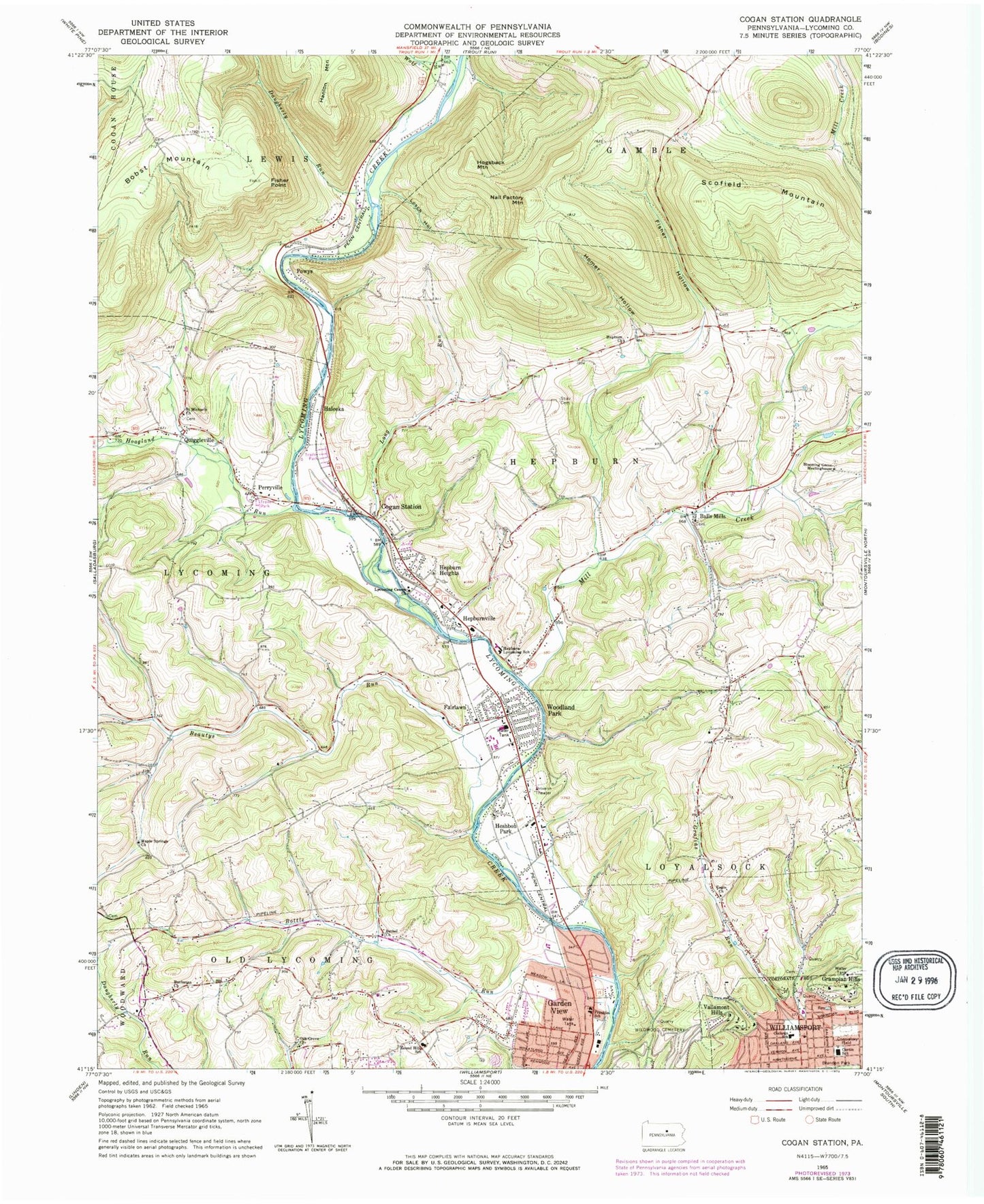 Classic USGS Cogan Station Pennsylvania 7.5'x7.5' Topo Map Image