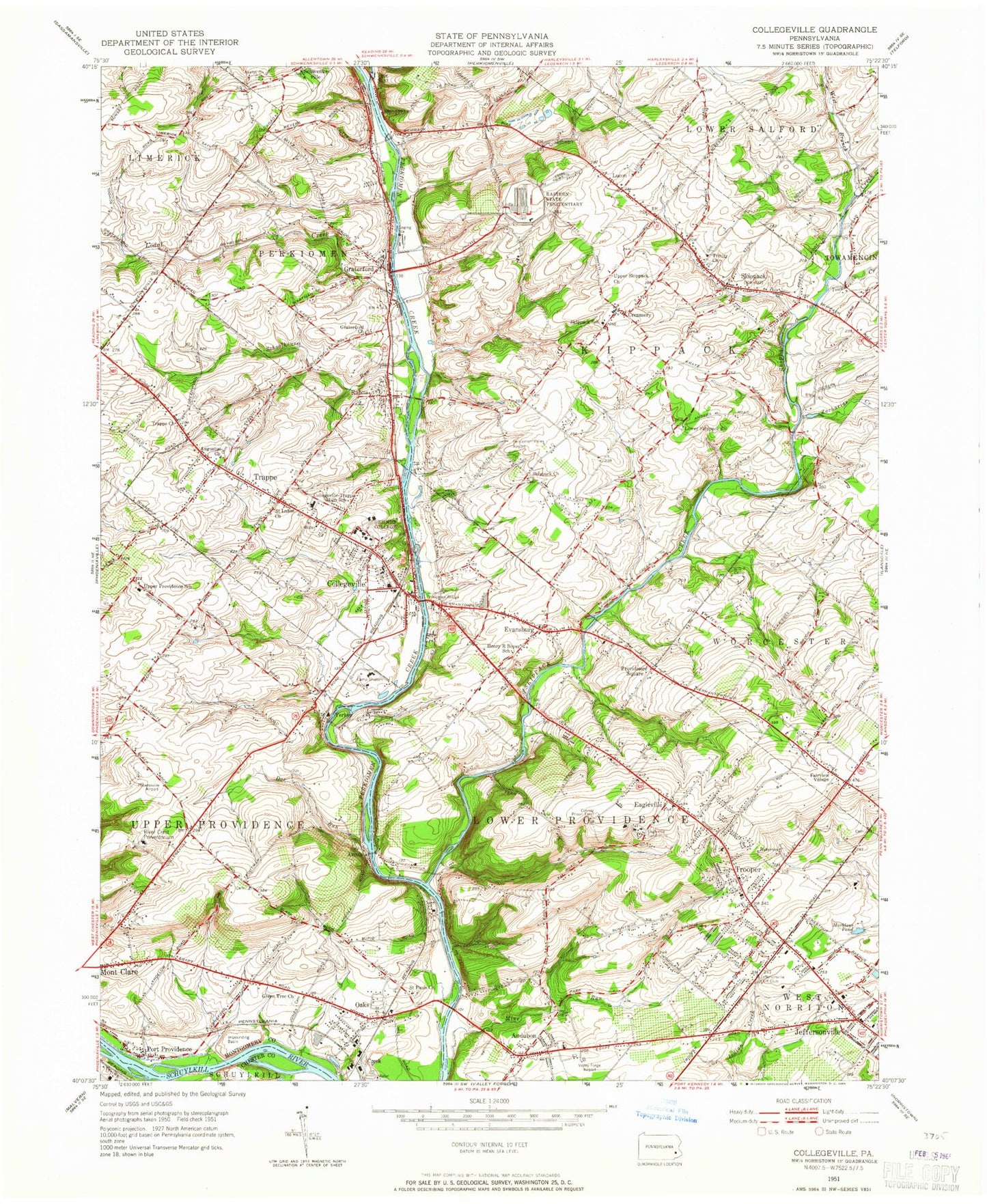Classic USGS Collegeville Pennsylvania 7.5'x7.5' Topo Map Image