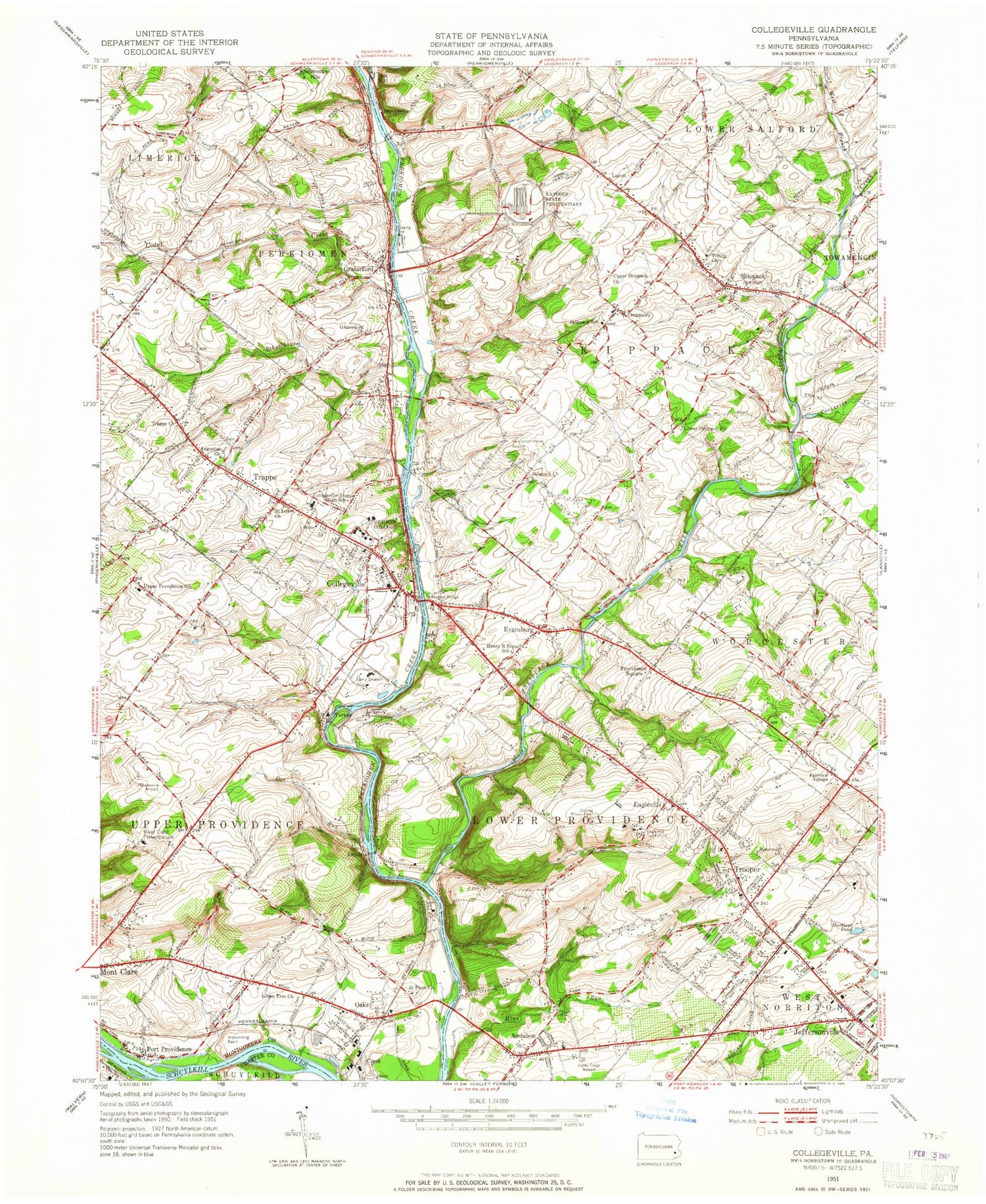 Classic USGS Collegeville Pennsylvania 7.5'x7.5' Topo Map Image
