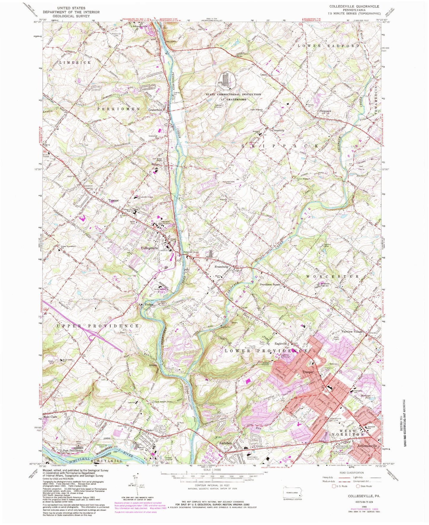 Classic USGS Collegeville Pennsylvania 7.5'x7.5' Topo Map Image