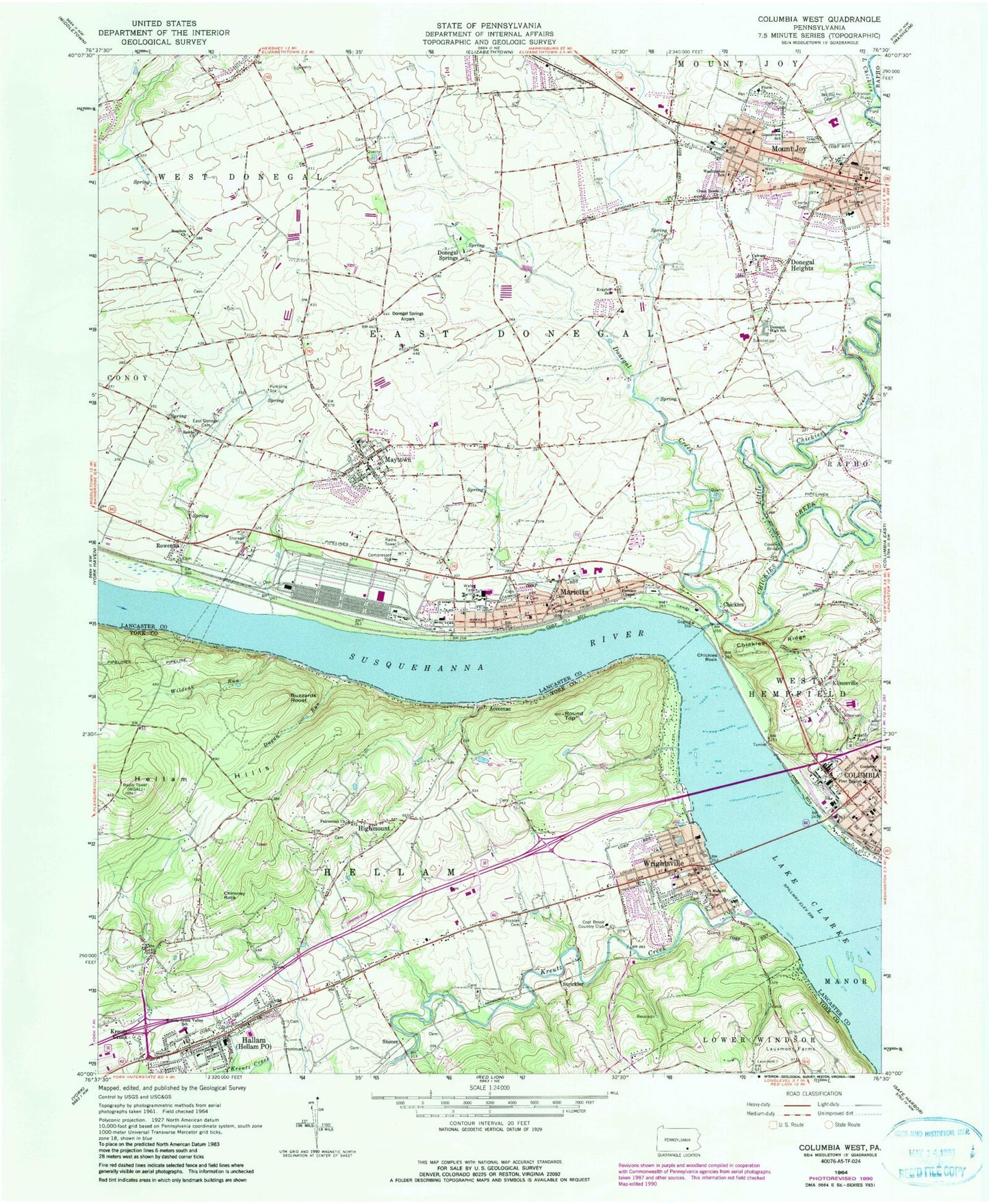 Classic USGS Columbia West Pennsylvania 7.5'x7.5' Topo Map Image