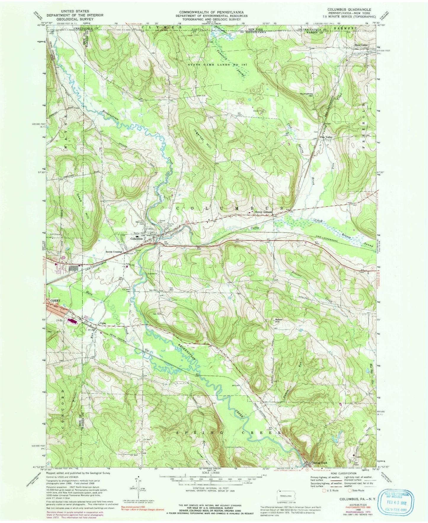 Classic USGS Columbus Pennsylvania 7.5'x7.5' Topo Map Image