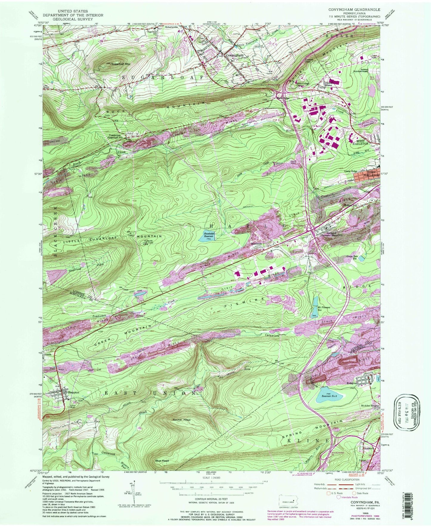 Classic USGS Conyngham Pennsylvania 7.5'x7.5' Topo Map Image