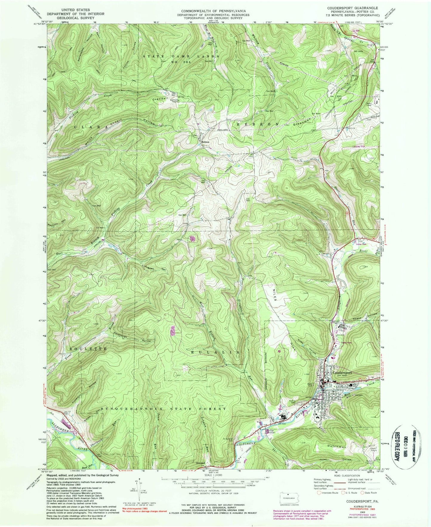 Classic USGS Coudersport Pennsylvania 7.5'x7.5' Topo Map Image