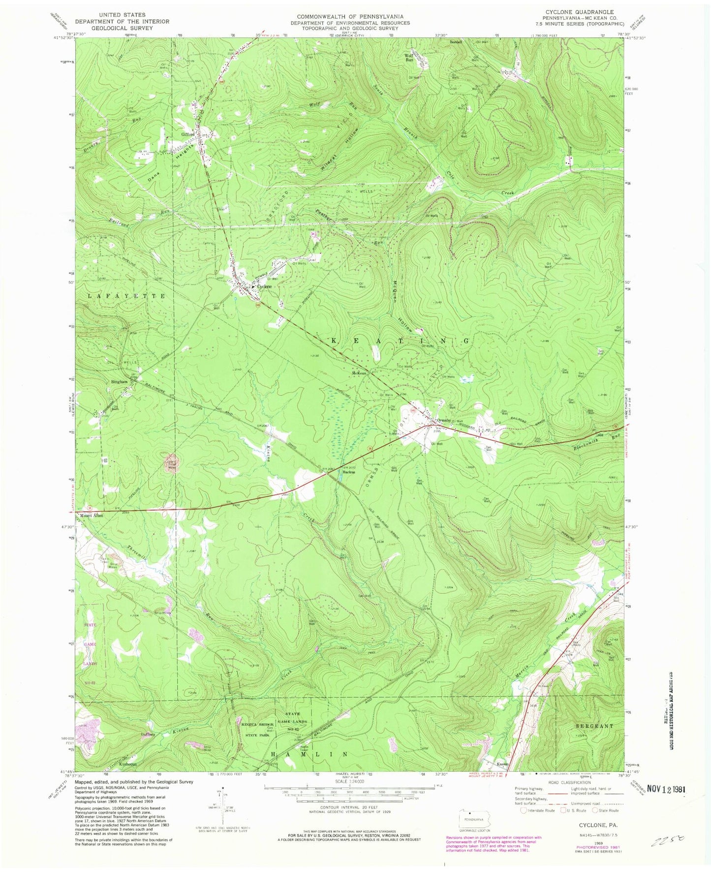 Classic USGS Cyclone Pennsylvania 7.5'x7.5' Topo Map Image