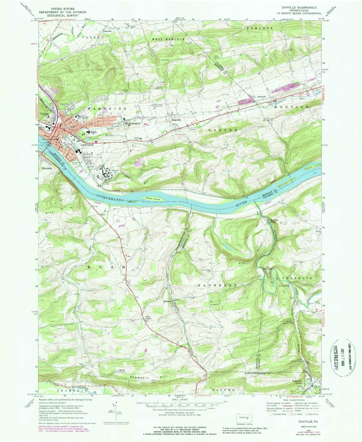Classic USGS Danville Pennsylvania 7.5'x7.5' Topo Map Image