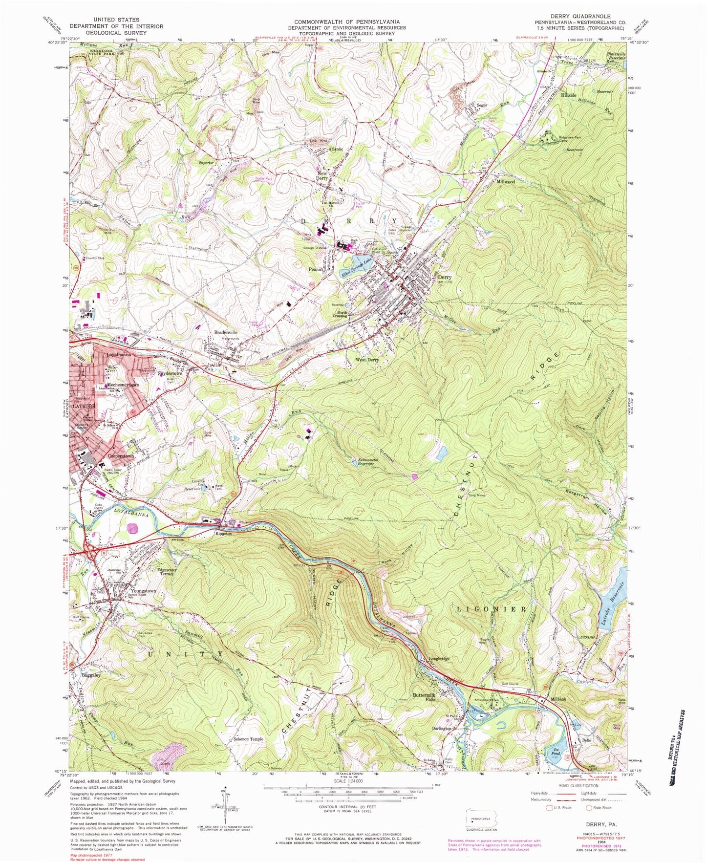 Classic USGS Derry Pennsylvania 7.5'x7.5' Topo Map Image
