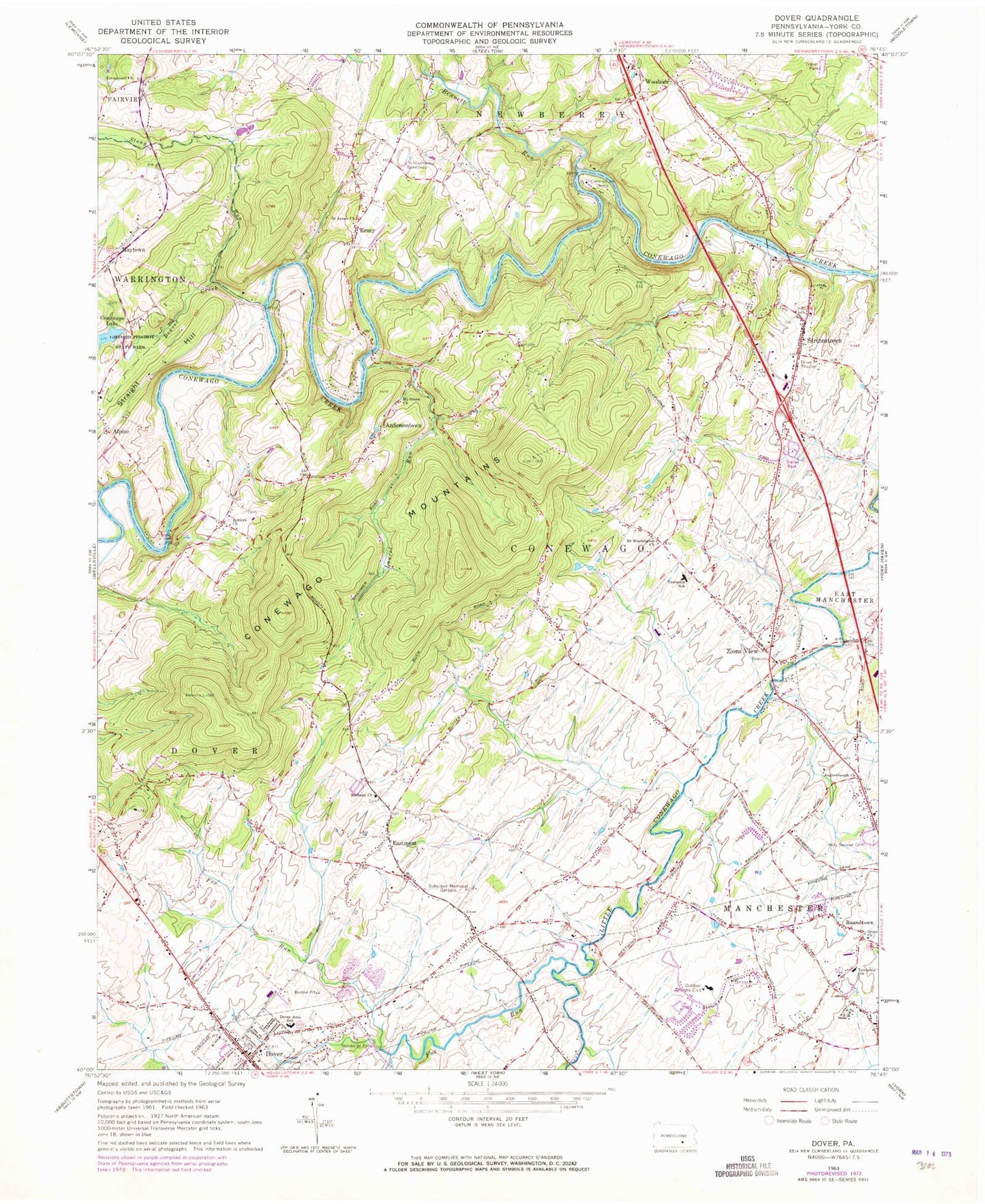 Classic USGS Dover Pennsylvania 7.5'x7.5' Topo Map Image