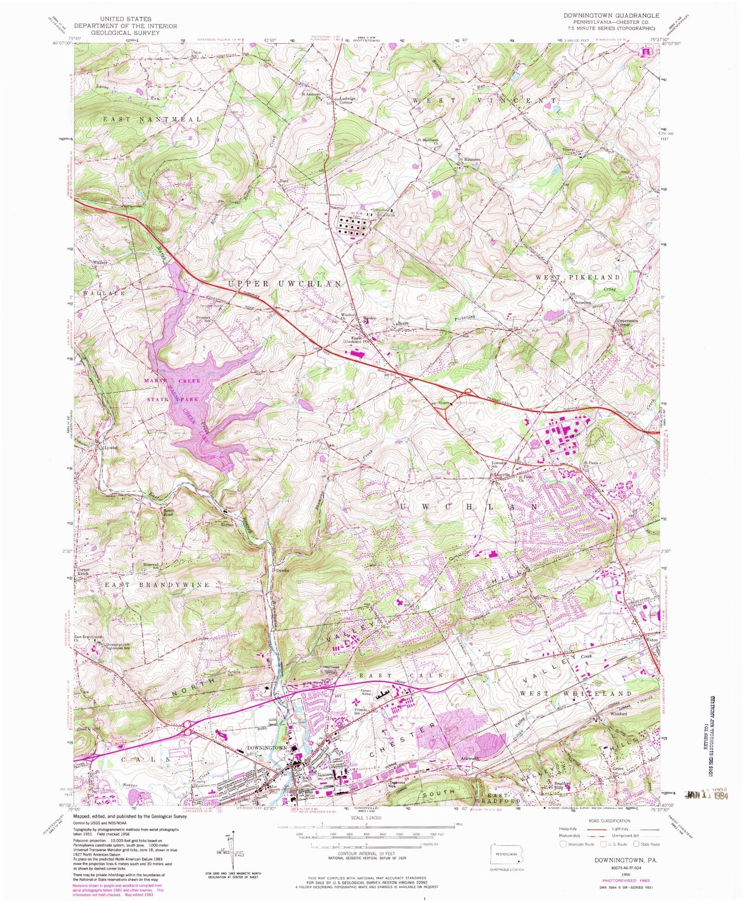 Classic USGS Downingtown Pennsylvania 7.5'x7.5' Topo Map Image